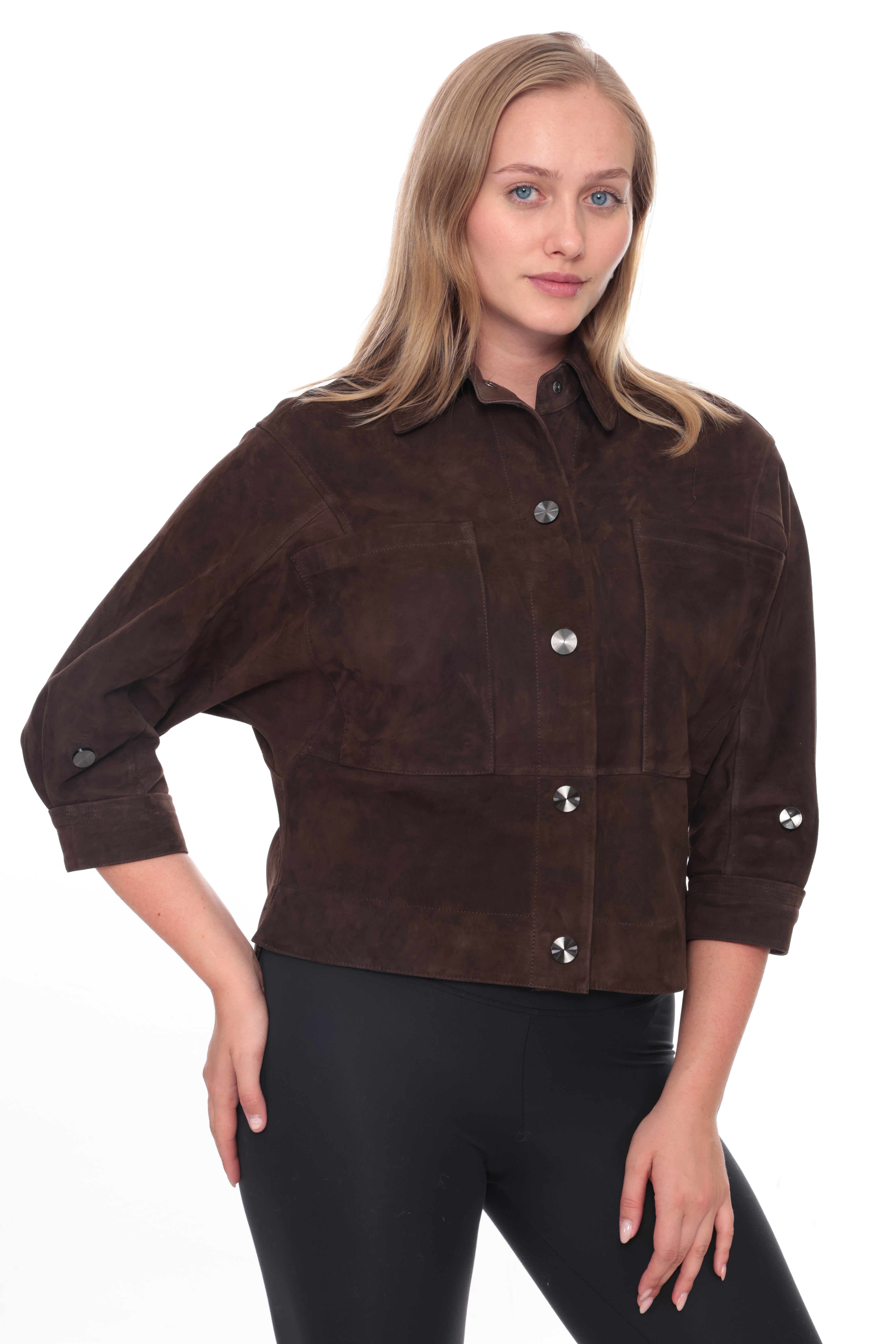SELORA Dark Brown Genuine Suede Cropped Shirt Jacket