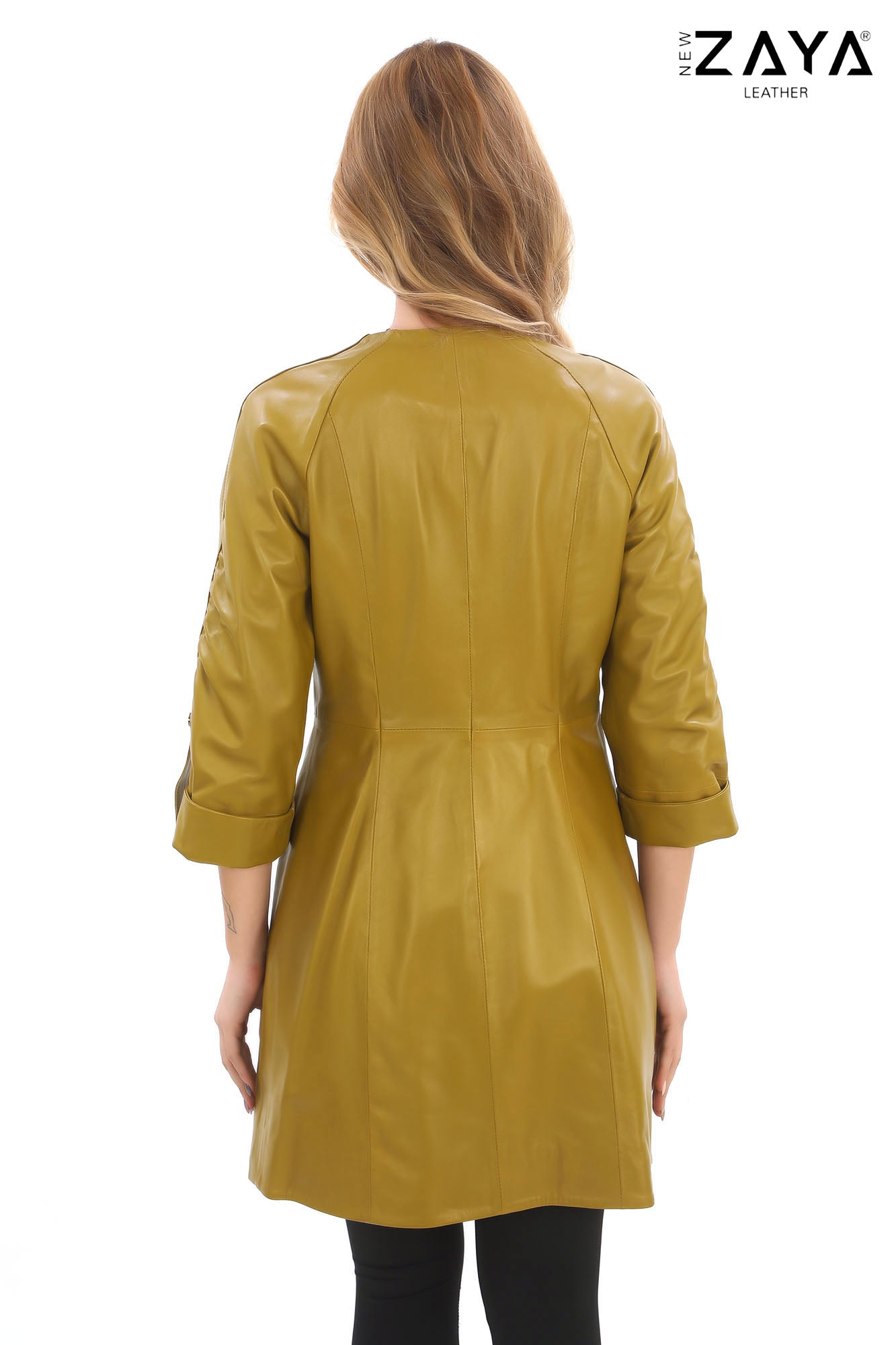 Calyra Genuine Lambskin Oil Green Leather Trench with Ruched Collar and Sculpted Waist