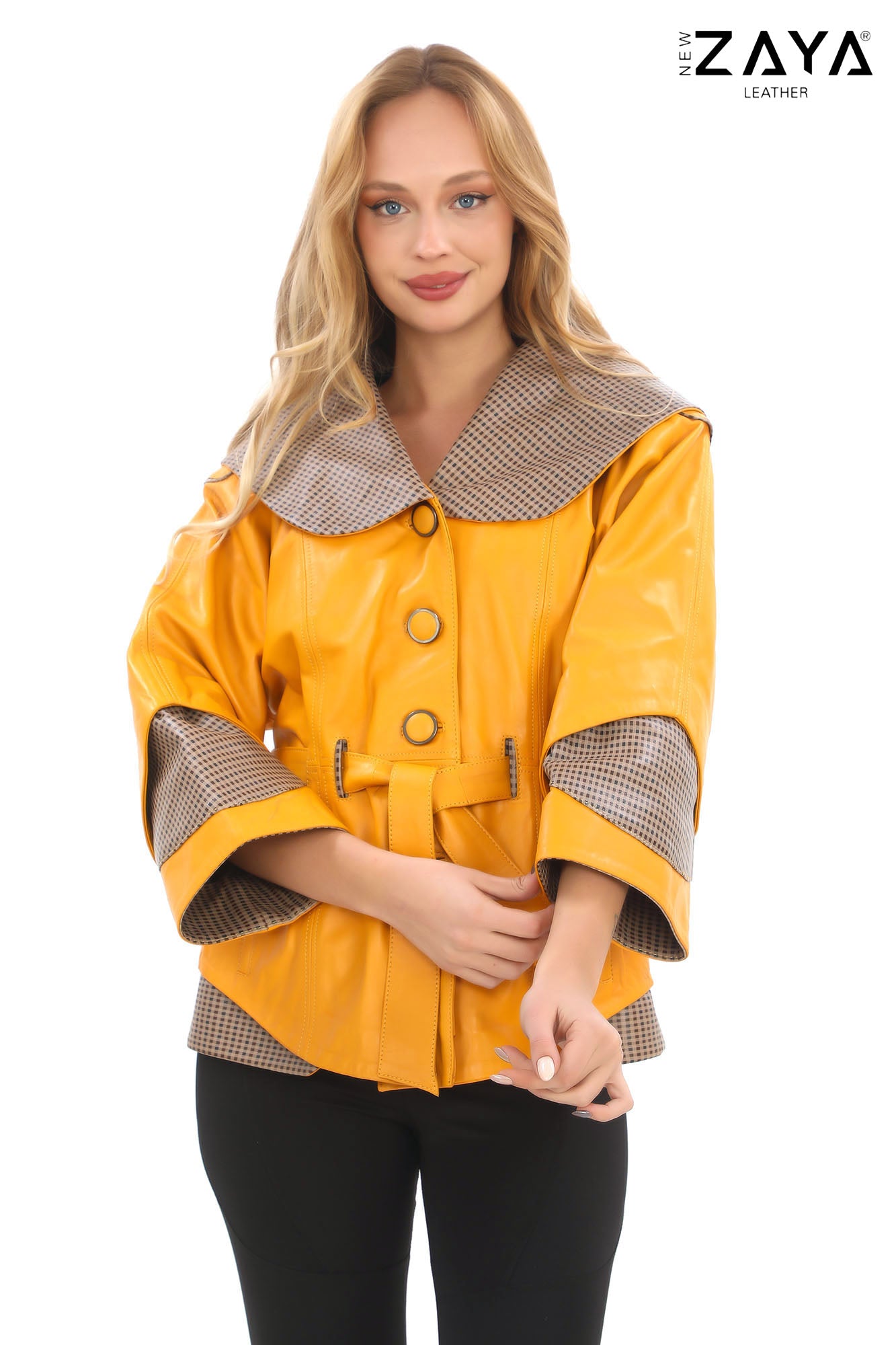 Siena Genuine Leather Yellow Hooded Belted Jacket with Checked Pattern Lining