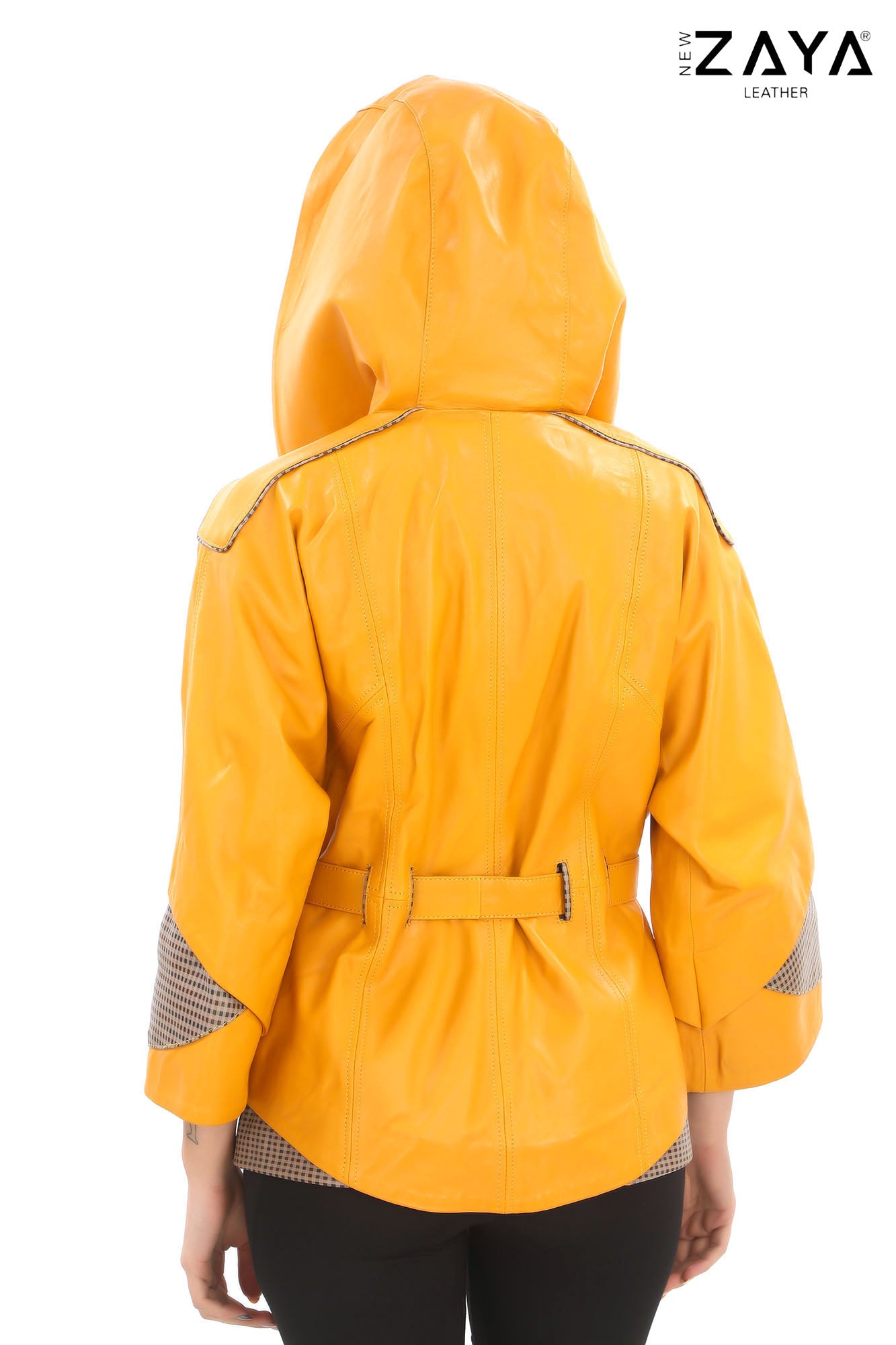 Siena Genuine Leather Yellow Hooded Belted Jacket with Checked Pattern Lining