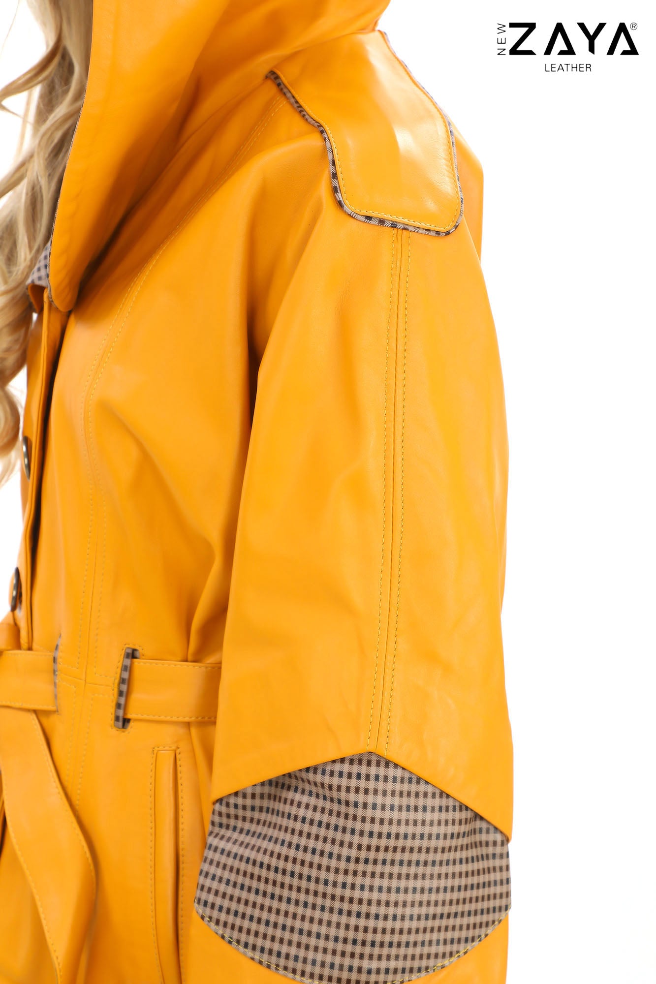 Siena Genuine Leather Yellow Hooded Belted Jacket with Checked Pattern Lining