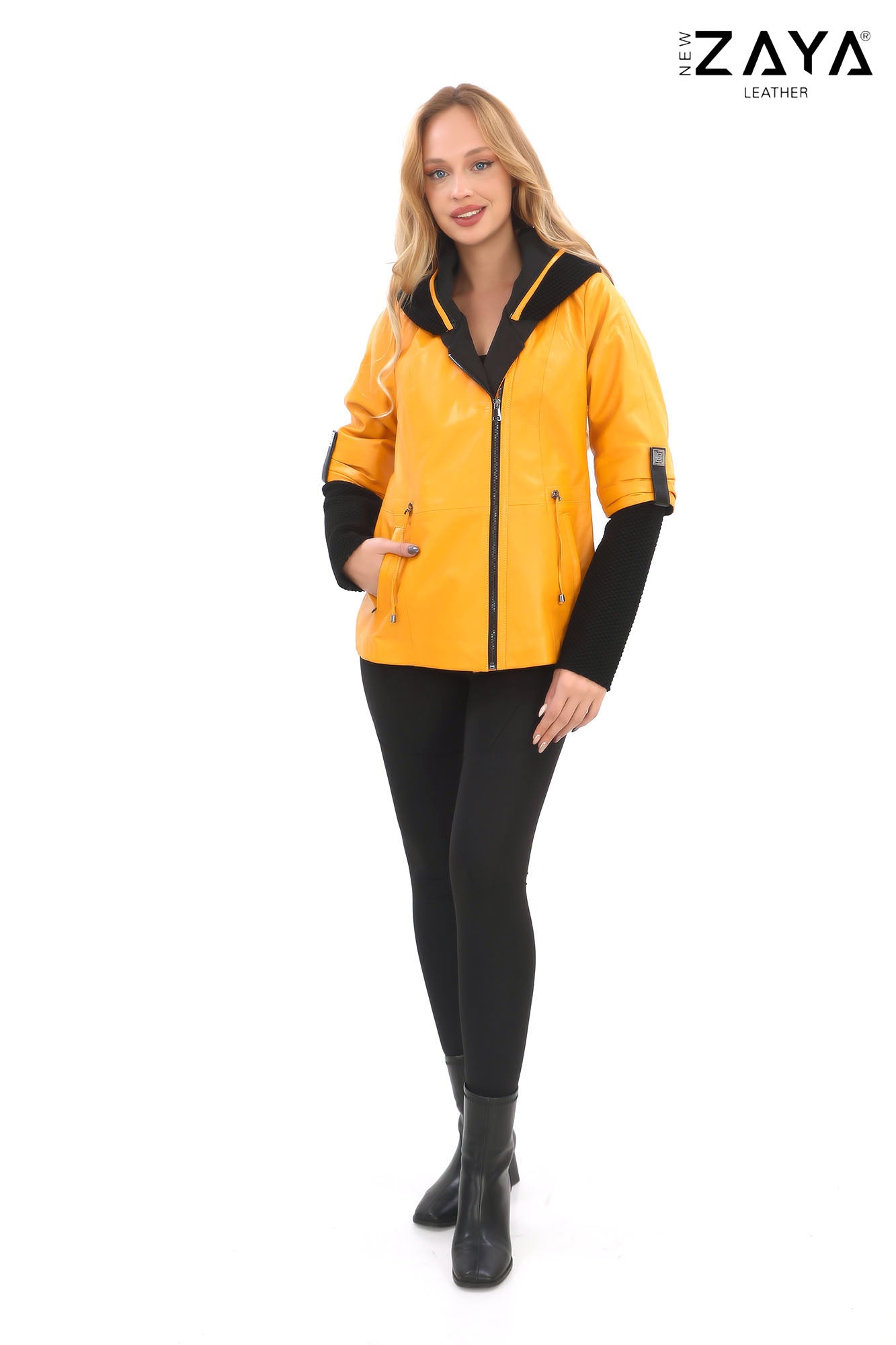 Chloe Genuine Leather Yellow Hooded Jacket with Knitwear Trim