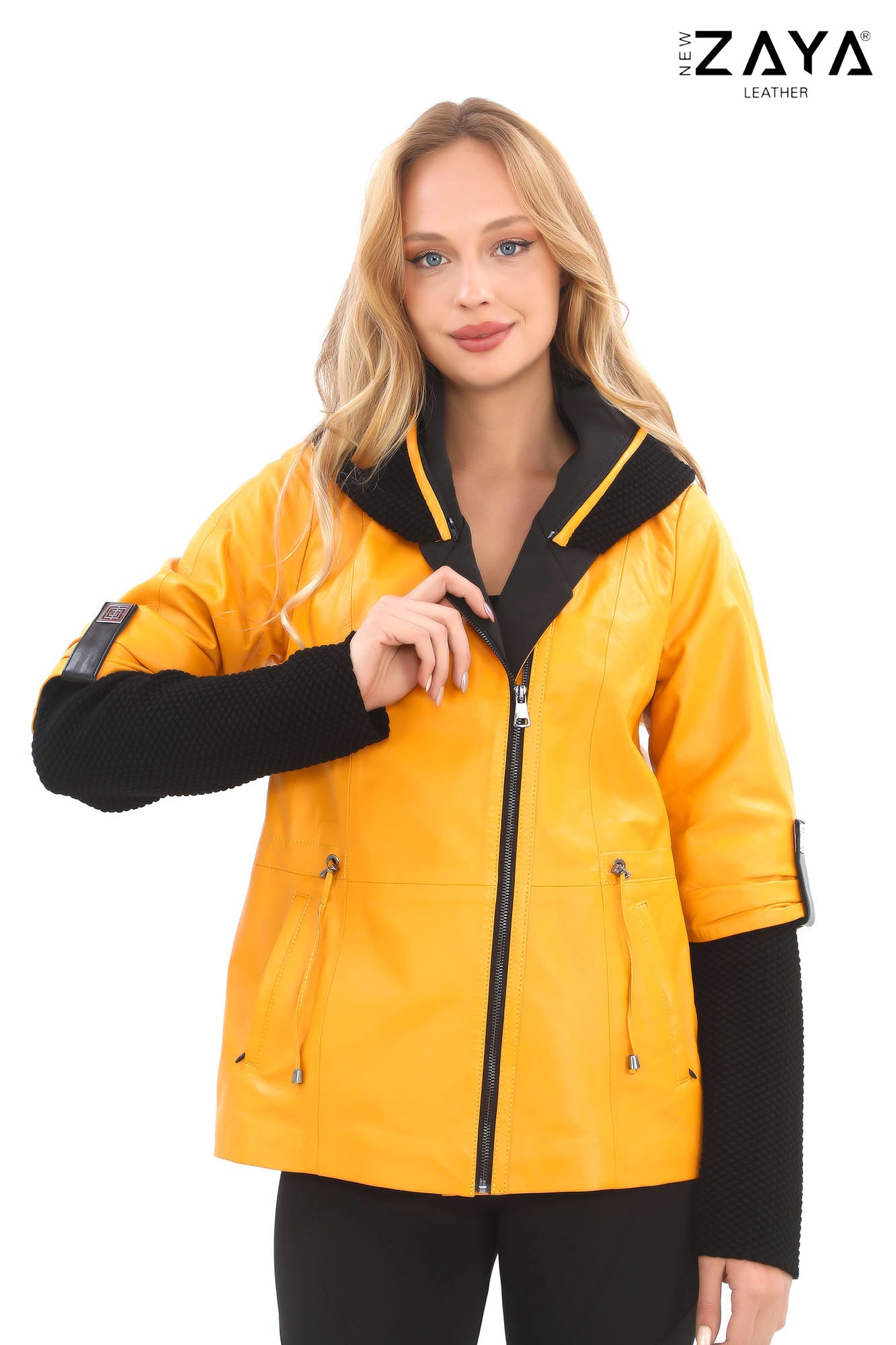 Chloe Genuine Leather Yellow Hooded Jacket with Knitwear Trim