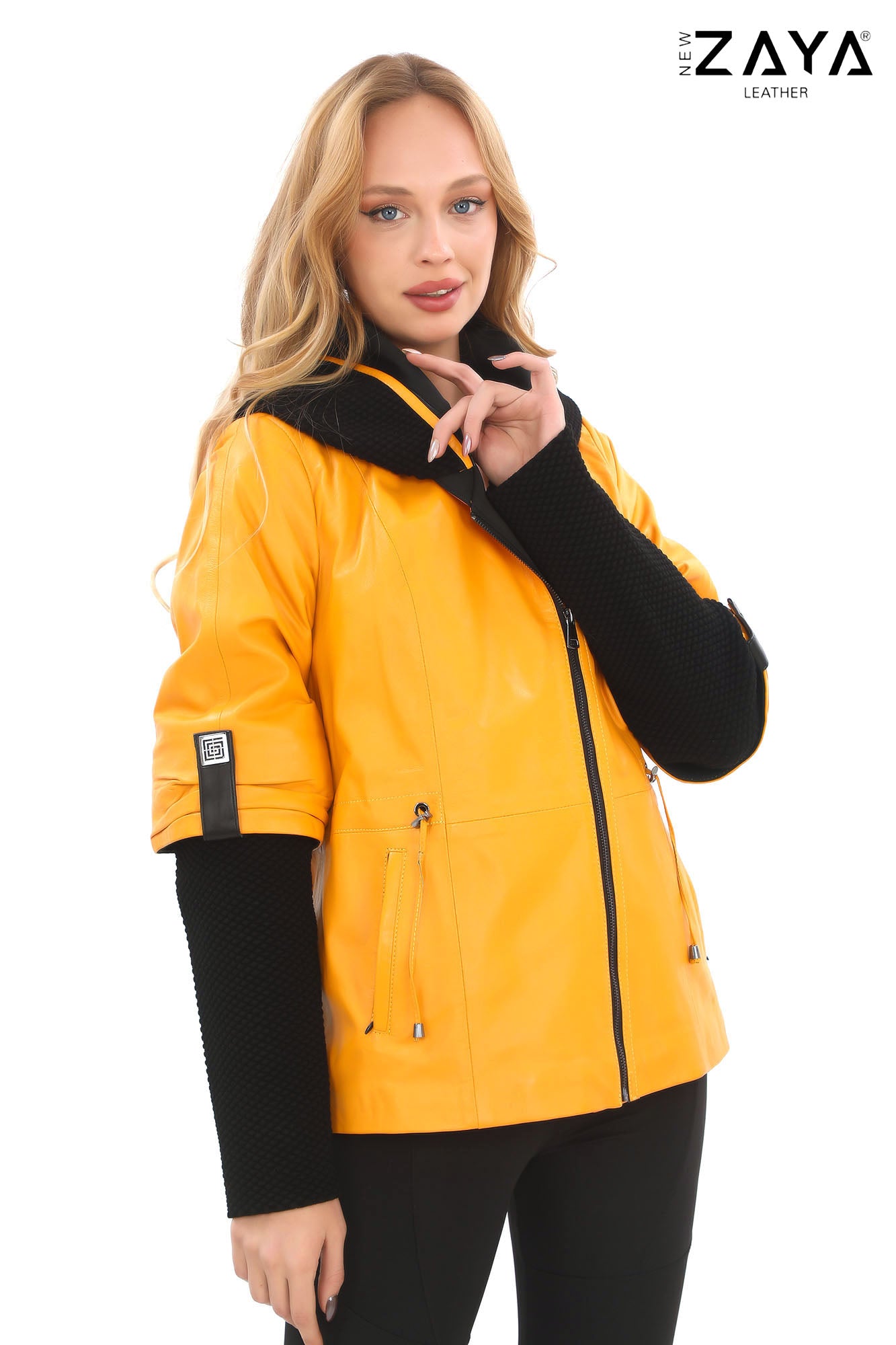 Chloe Genuine Leather Yellow Hooded Jacket with Knitwear Trim