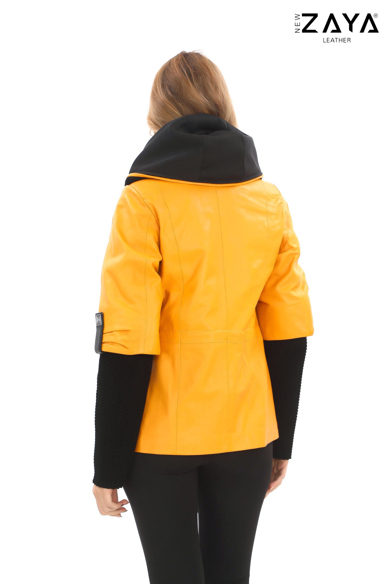 Chloe Genuine Leather Yellow Hooded Jacket with Knitwear Trim