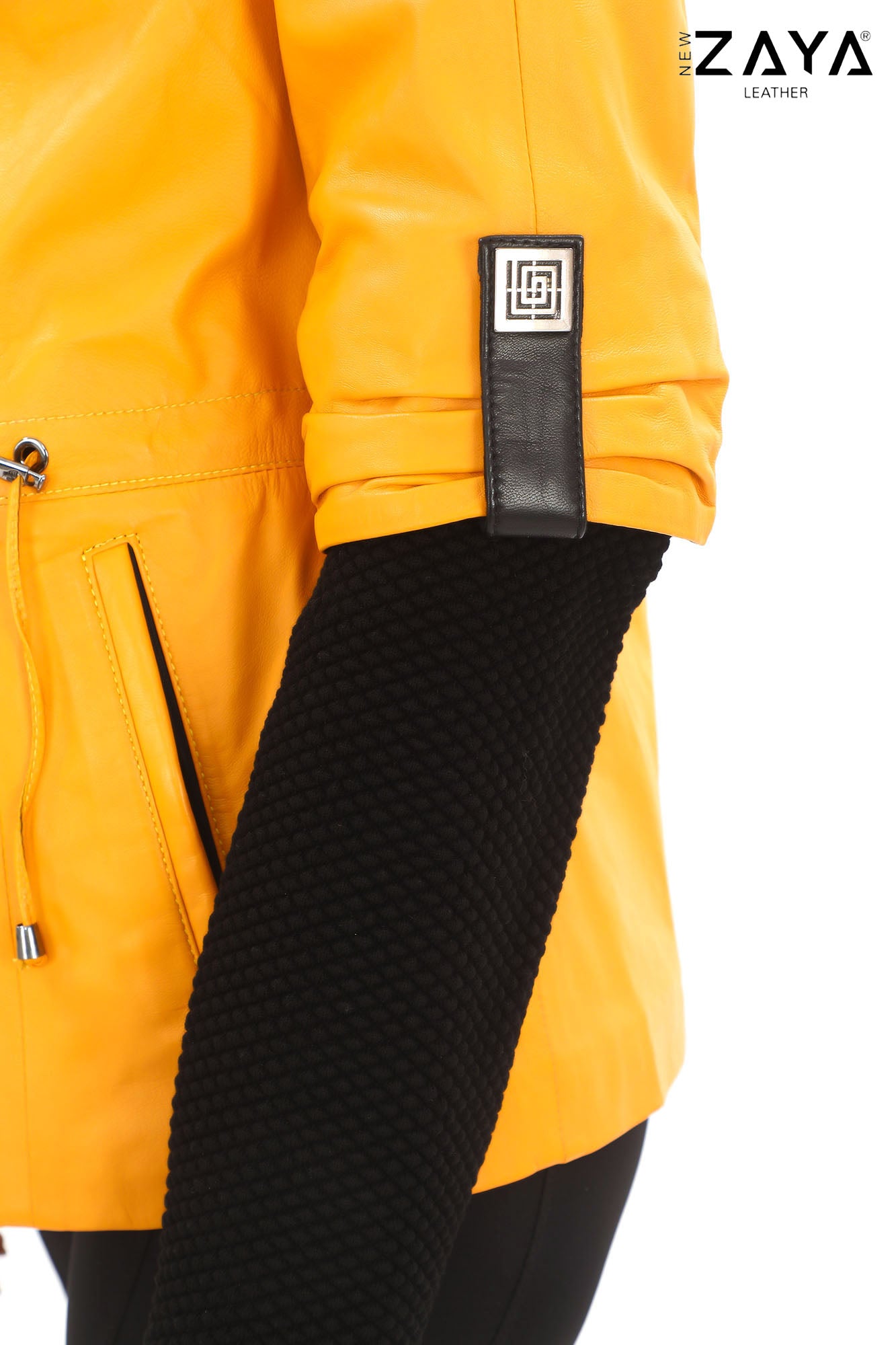 Chloe Genuine Leather Yellow Hooded Jacket with Knitwear Trim