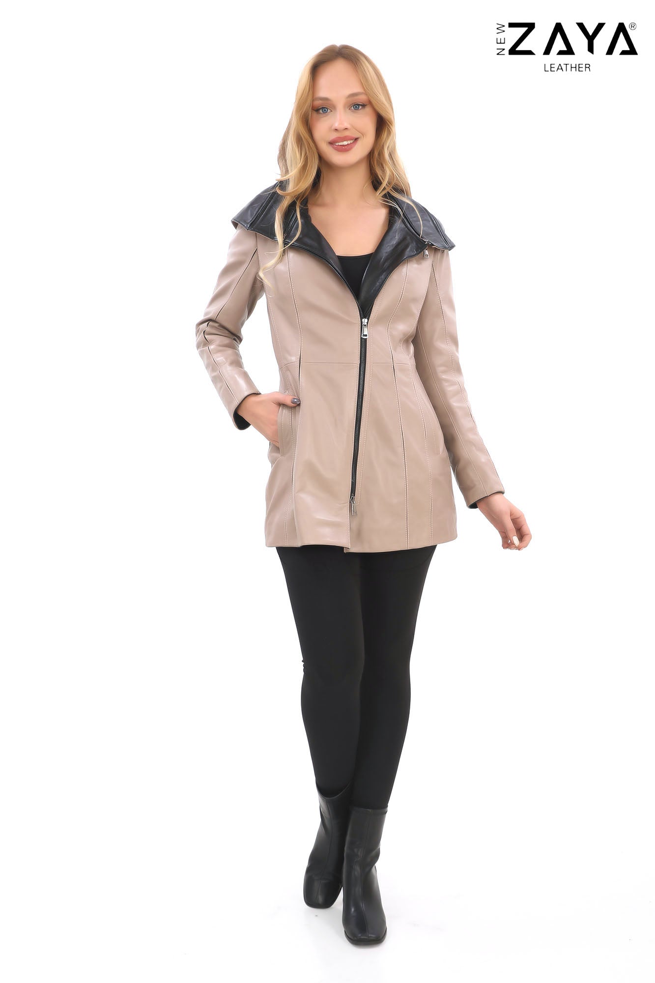 ALVEA BEIGE Detachable Hood Genuine Lambskin Leather Coat with Double-Zip Closure