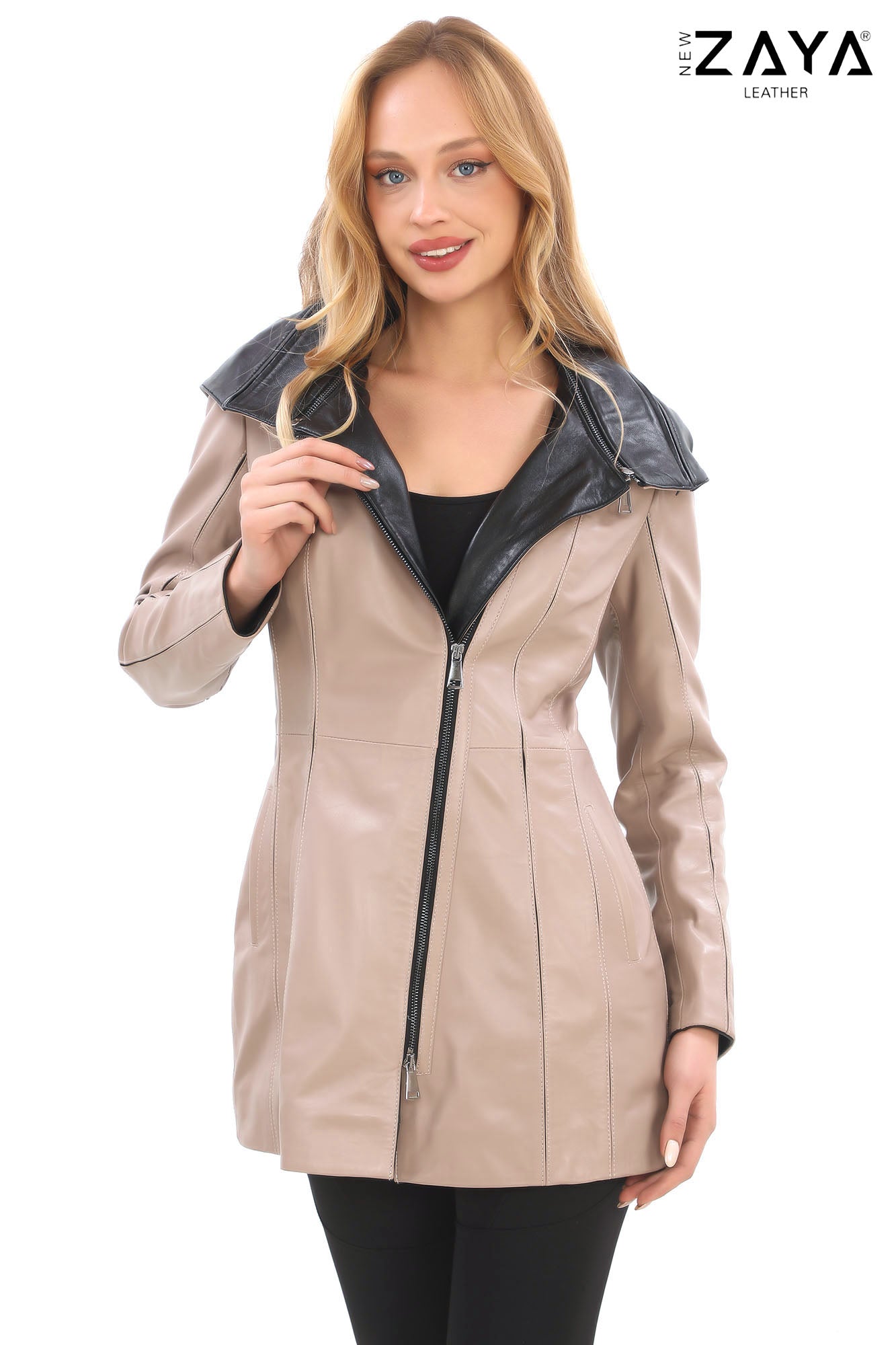 ALVEA BEIGE Detachable Hood Genuine Lambskin Leather Coat with Double-Zip Closure