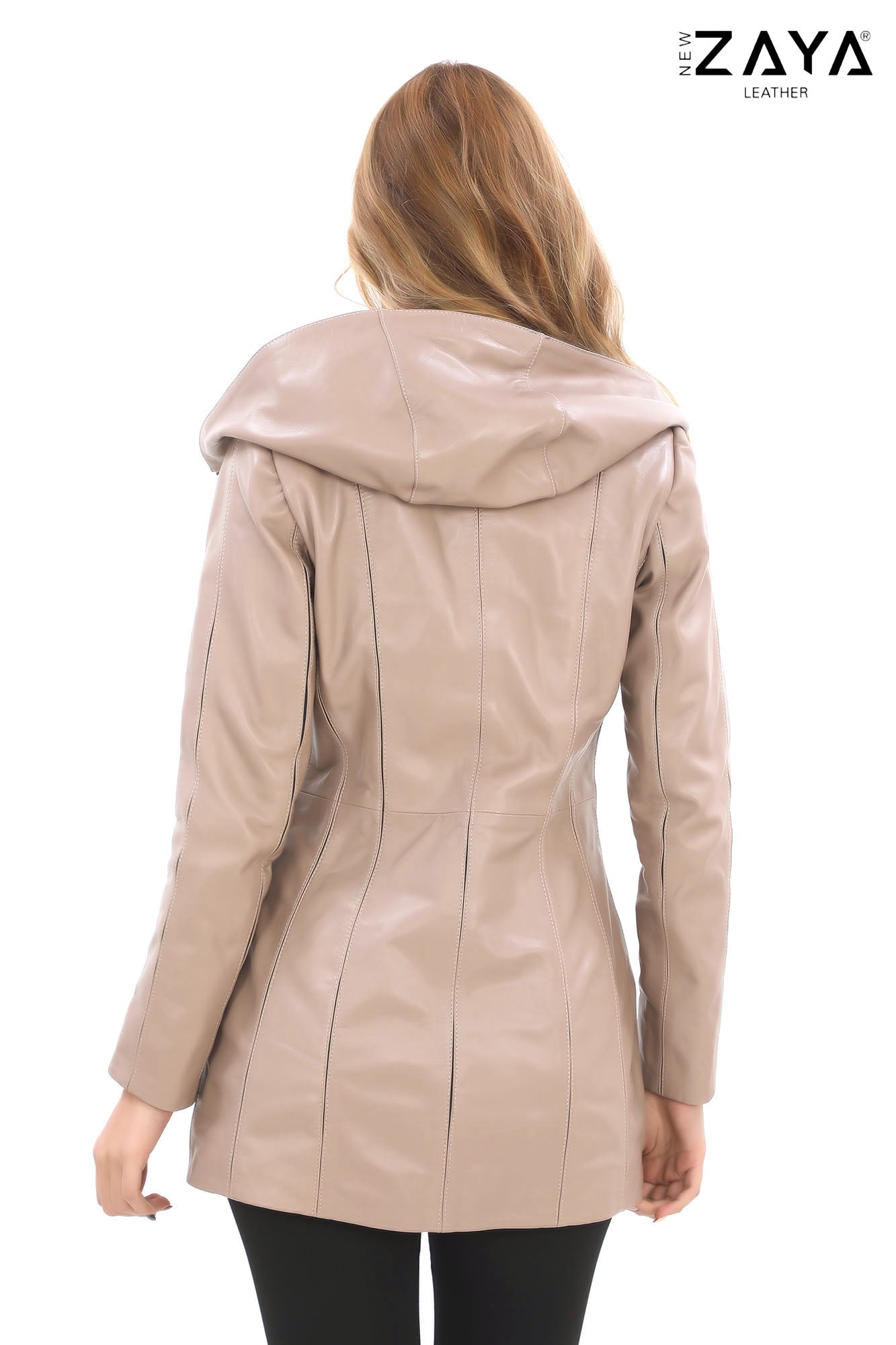 ALVEA BEIGE Detachable Hood Genuine Lambskin Leather Coat with Double-Zip Closure