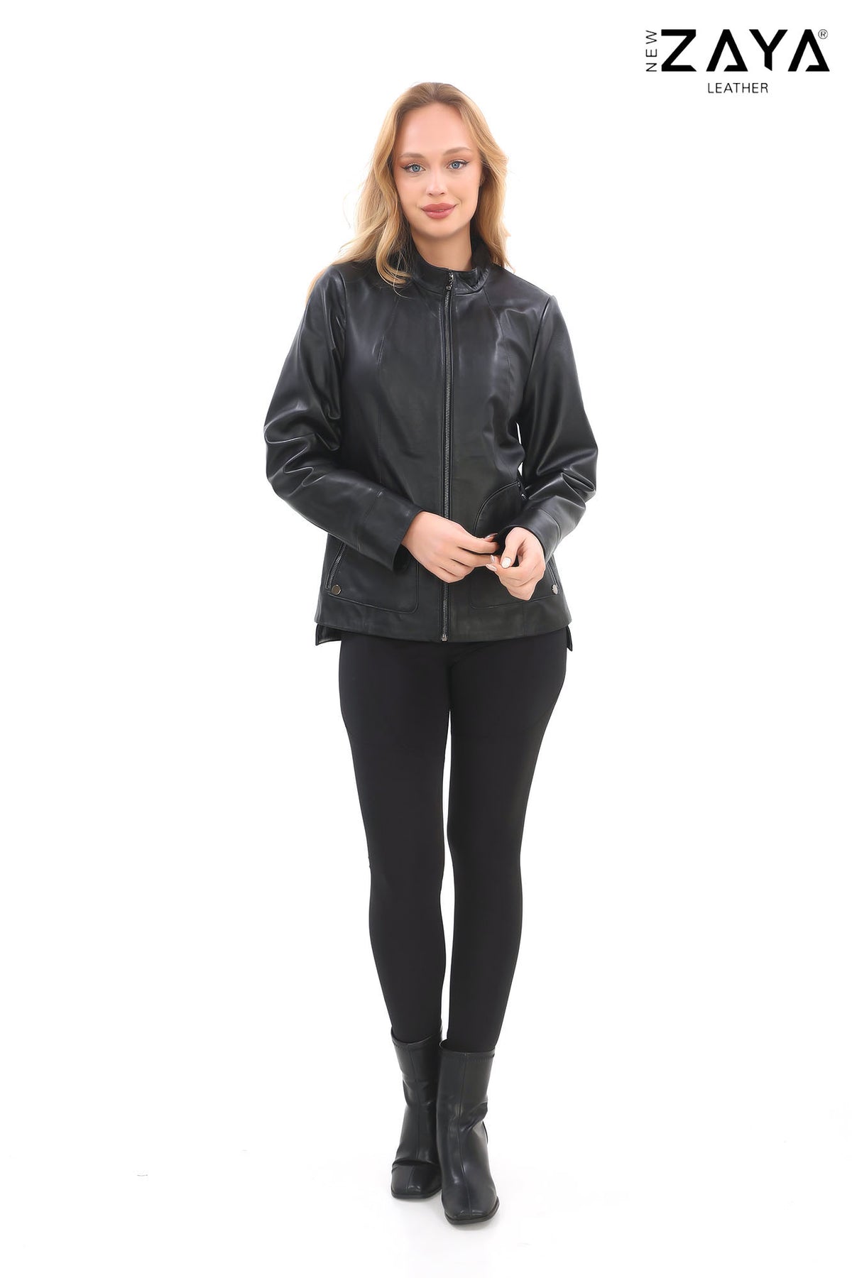 NOVA BAND COLLAR BLACK GENUINE LAMBSKIN LEATHER JACKET