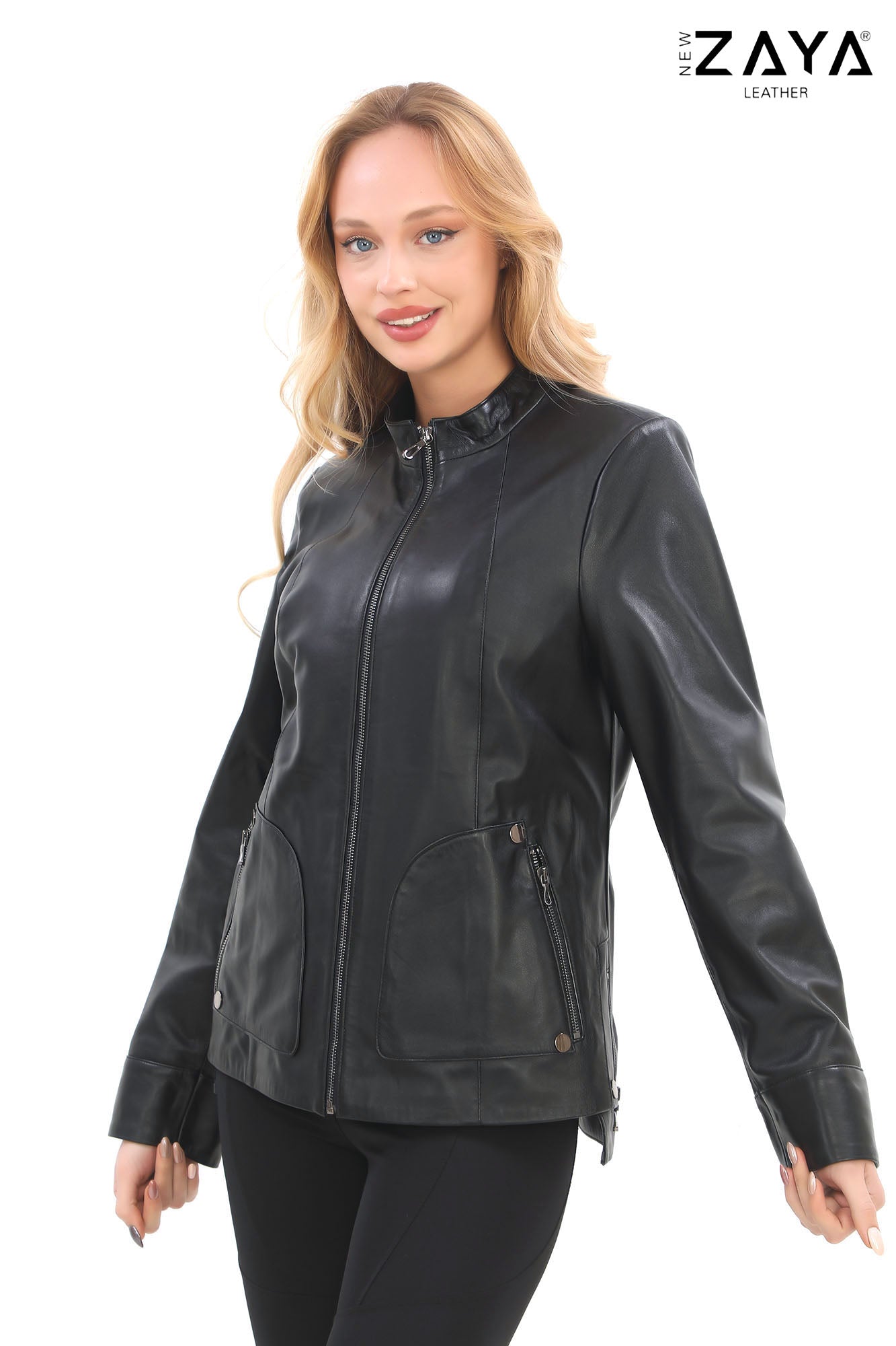NOVA BAND COLLAR BLACK GENUINE LAMBSKIN LEATHER JACKET