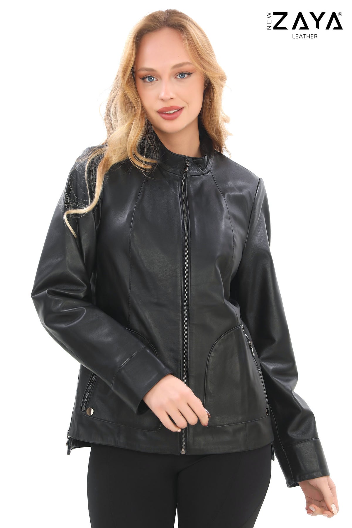 NOVA BAND COLLAR BLACK GENUINE LAMBSKIN LEATHER JACKET