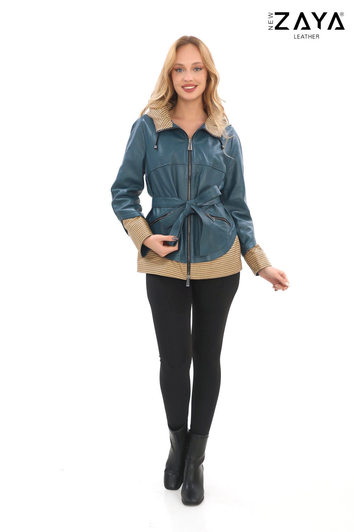 LYRA BLUE GENUINE LEATHER HOUNDSTOOTH COMBINED HOODED JACKET