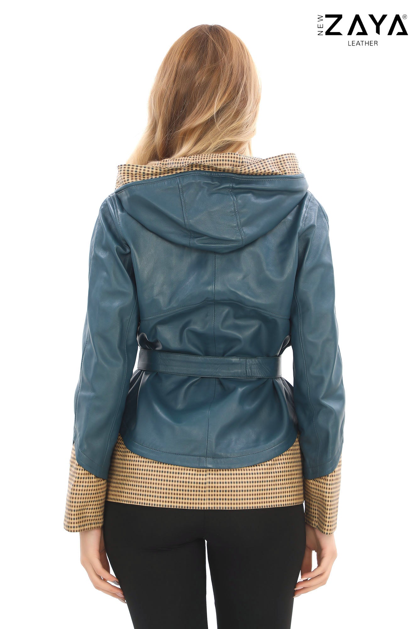 LYRA BLUE GENUINE LEATHER HOUNDSTOOTH COMBINED HOODED JACKET