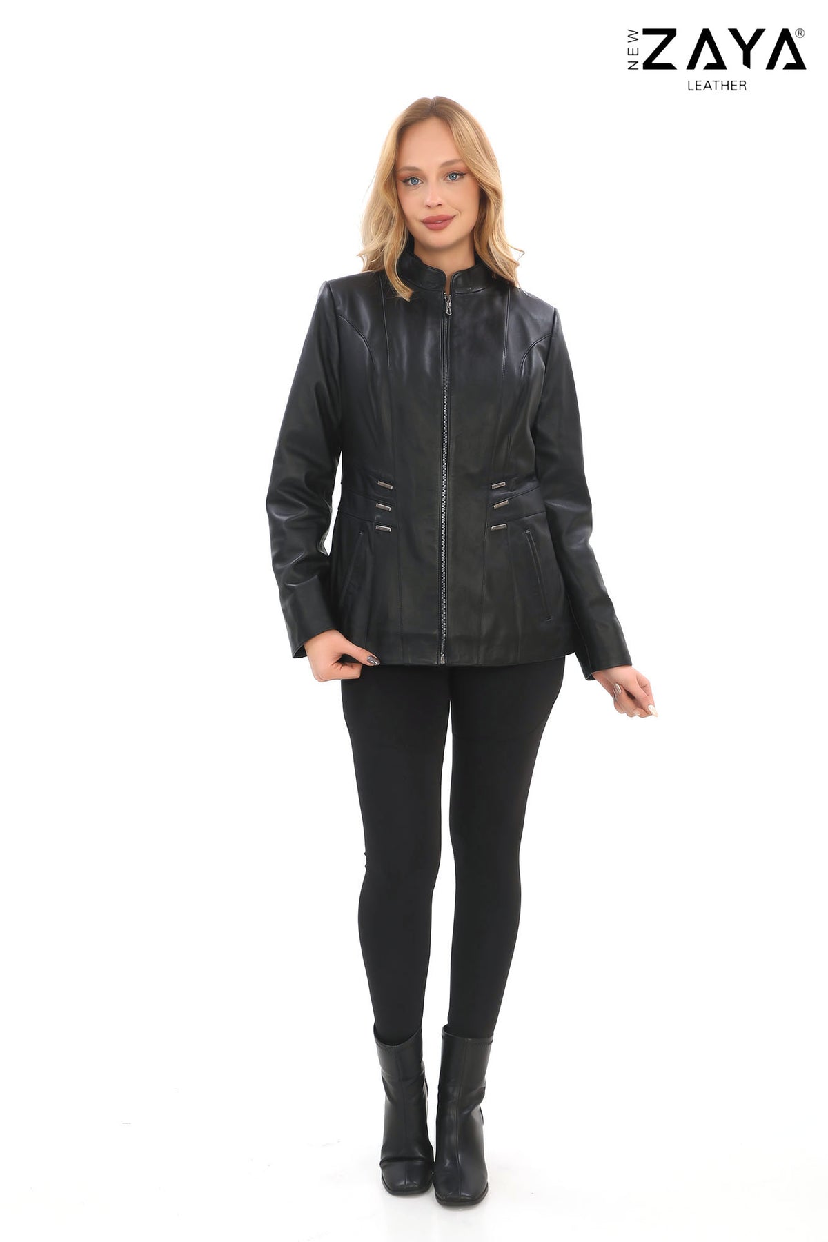 Treviso Genuine Lambskin Black Leather Jacket with Metallic Side Bar Details