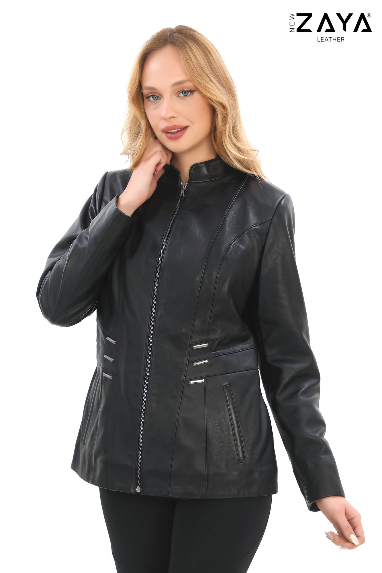 Treviso Genuine Lambskin Black Leather Jacket with Metallic Side Bar Details