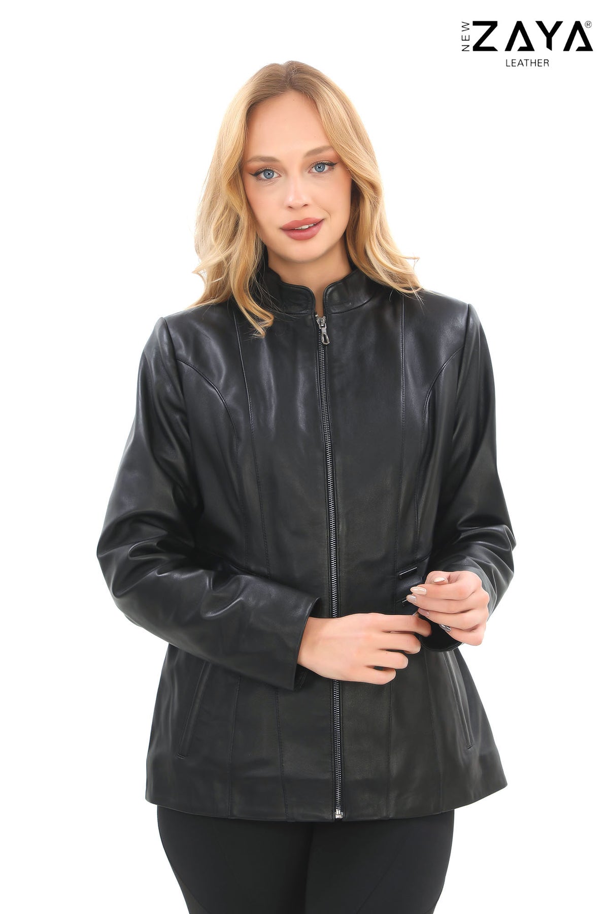 Treviso Genuine Lambskin Black Leather Jacket with Metallic Side Bar Details