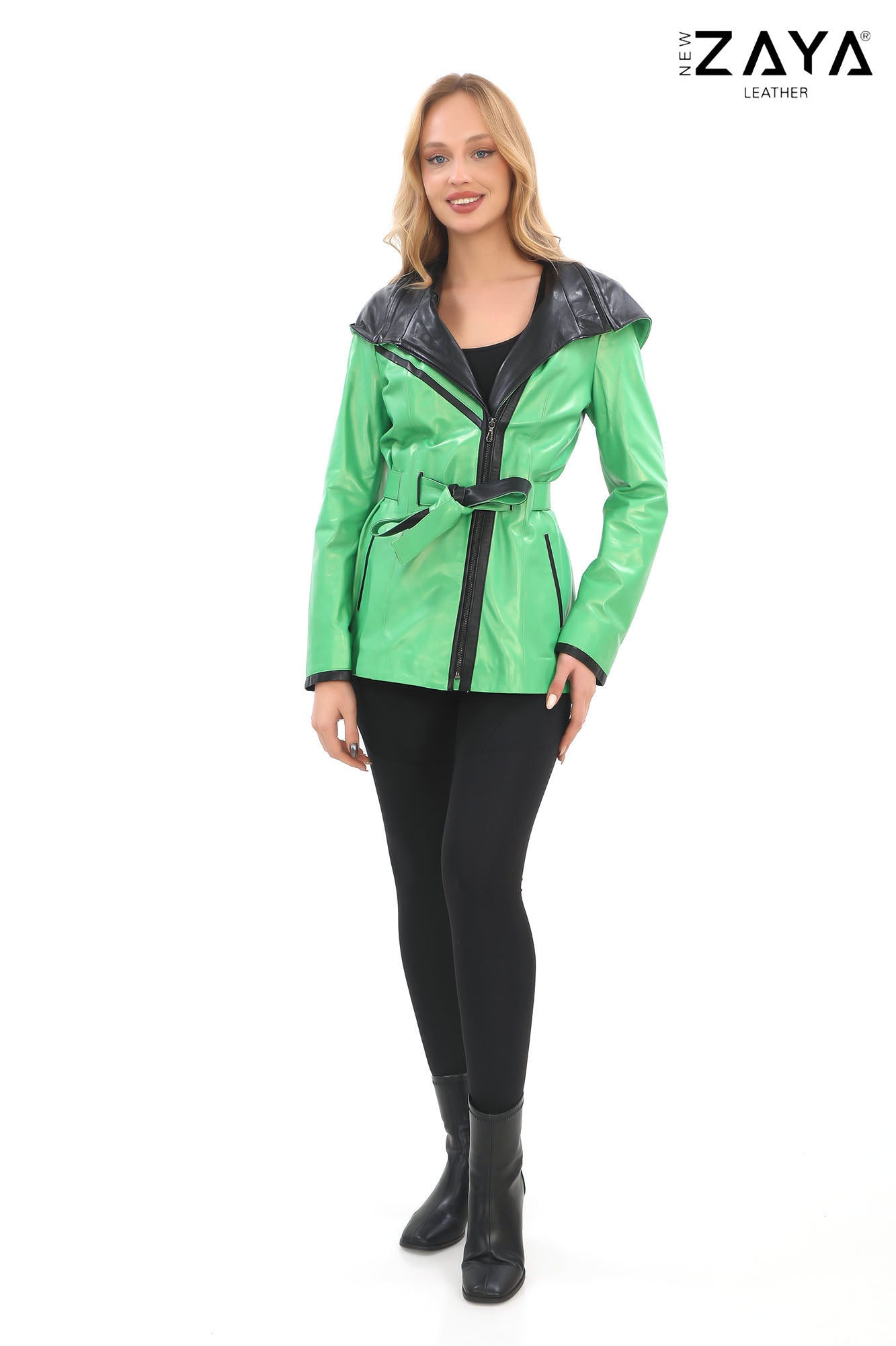 Venza Genuine Lambskin Neon Green Hooded Leather Jacket with Contrast Asymmetric Stripes