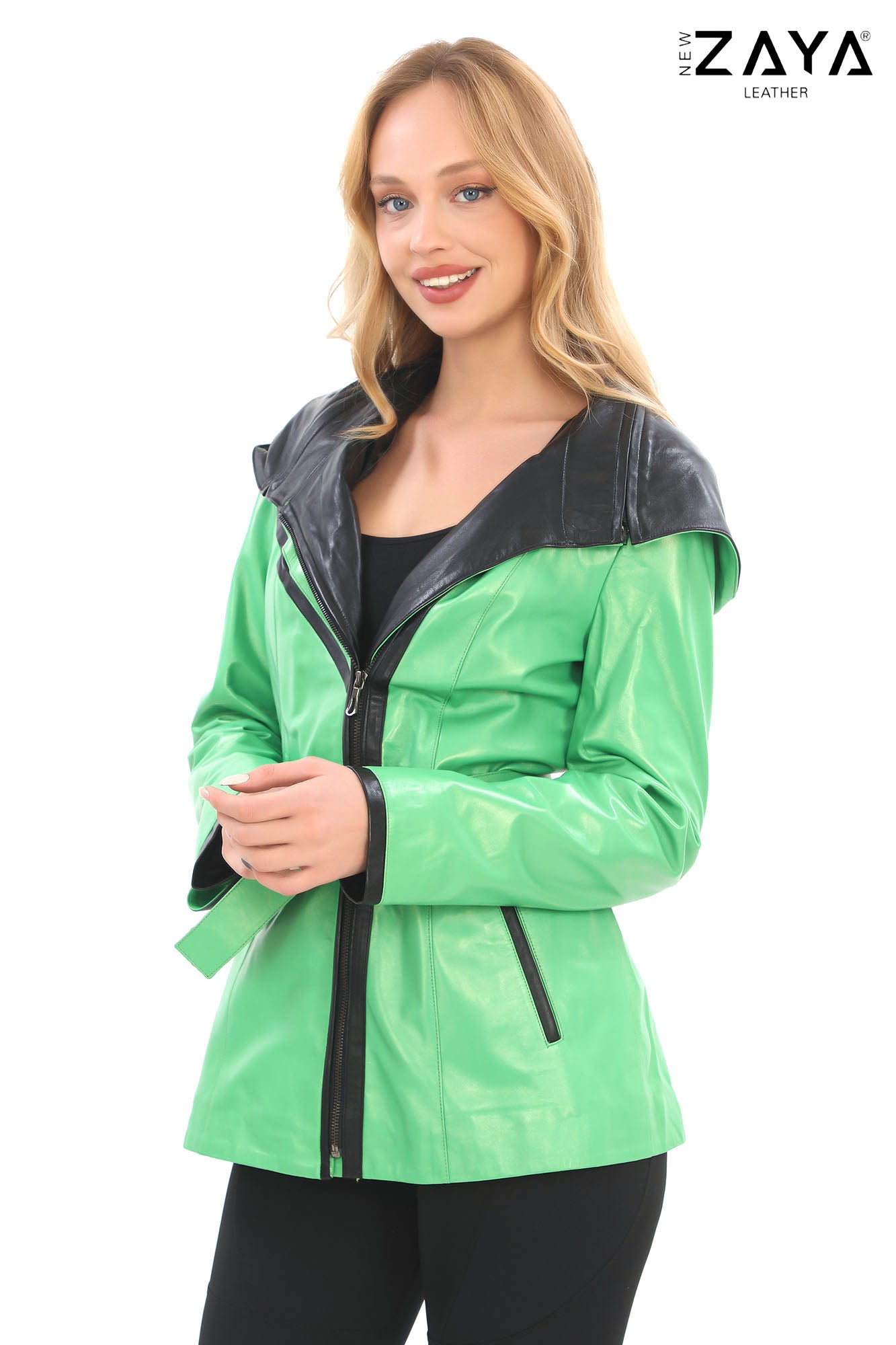 Venza Genuine Lambskin Neon Green Hooded Leather Jacket with Contrast Asymmetric Stripes