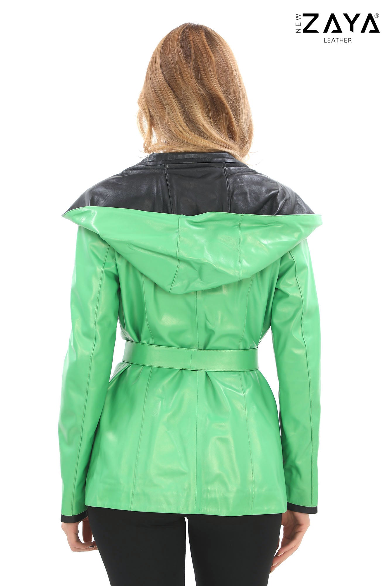 Venza Genuine Lambskin Neon Green Hooded Leather Jacket with Contrast Asymmetric Stripes