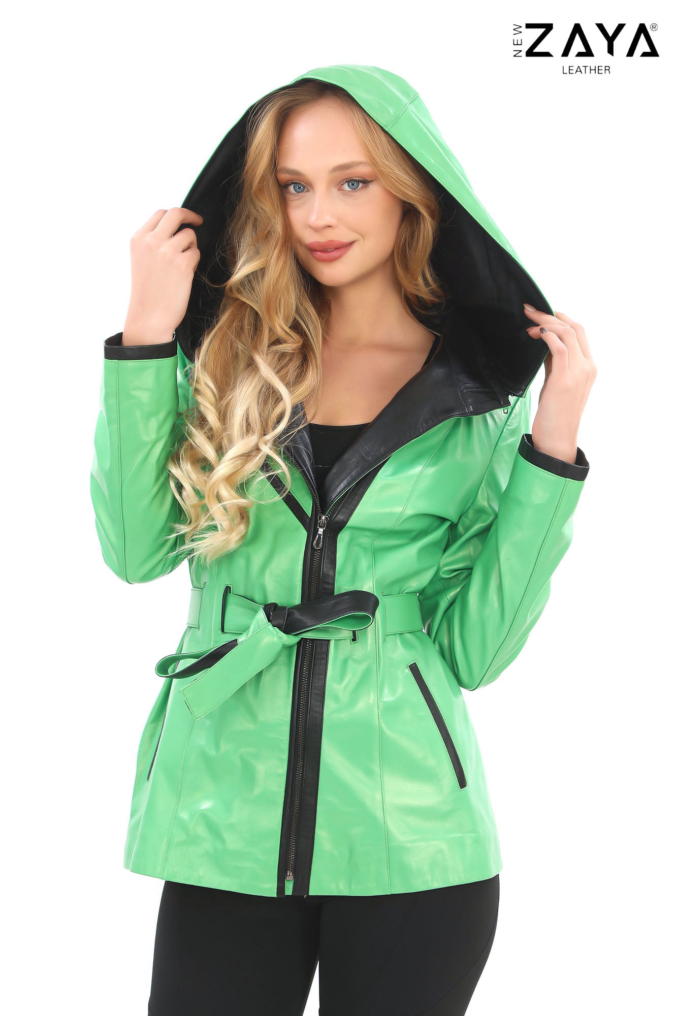 Venza Genuine Lambskin Neon Green Hooded Leather Jacket with Contrast Asymmetric Stripes