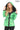 Venza Genuine Lambskin Neon Green Hooded Leather Jacket with Contrast Asymmetric Stripes