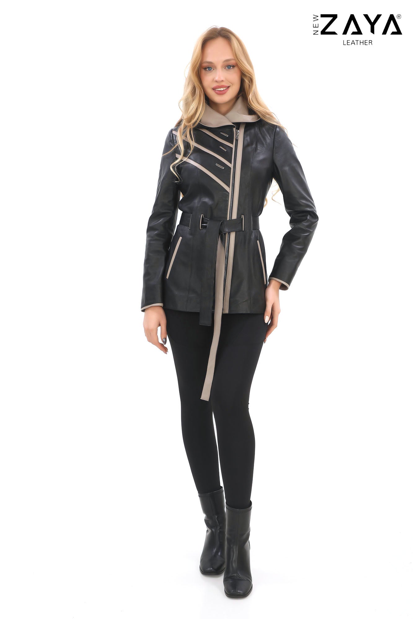 Venza Genuine Lambskin Black Hooded Leather Jacket with Contrast Asymmetric Stripes
