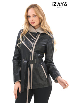 Venza Genuine Lambskin Black Hooded Leather Jacket with Contrast Asymmetric Stripes