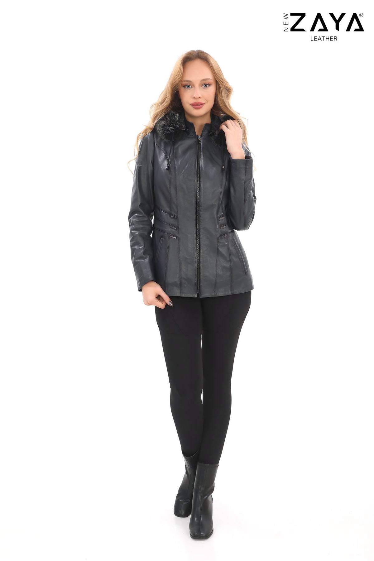 ELIVE ANTHRACITE Fur Hooded Leather Jacket