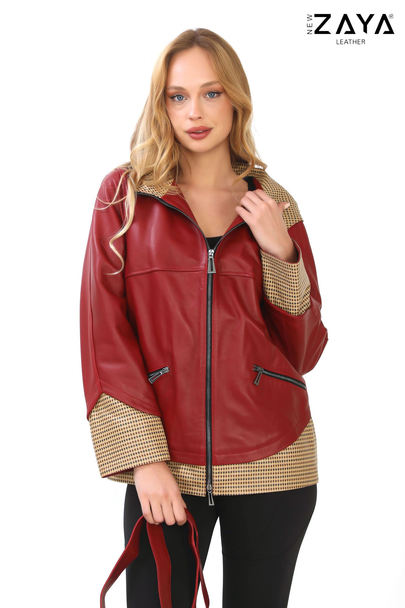 LYRA BLUE GENUINE LEATHER HOUNDSTOOTH COMBINED HOODED JACKET Red