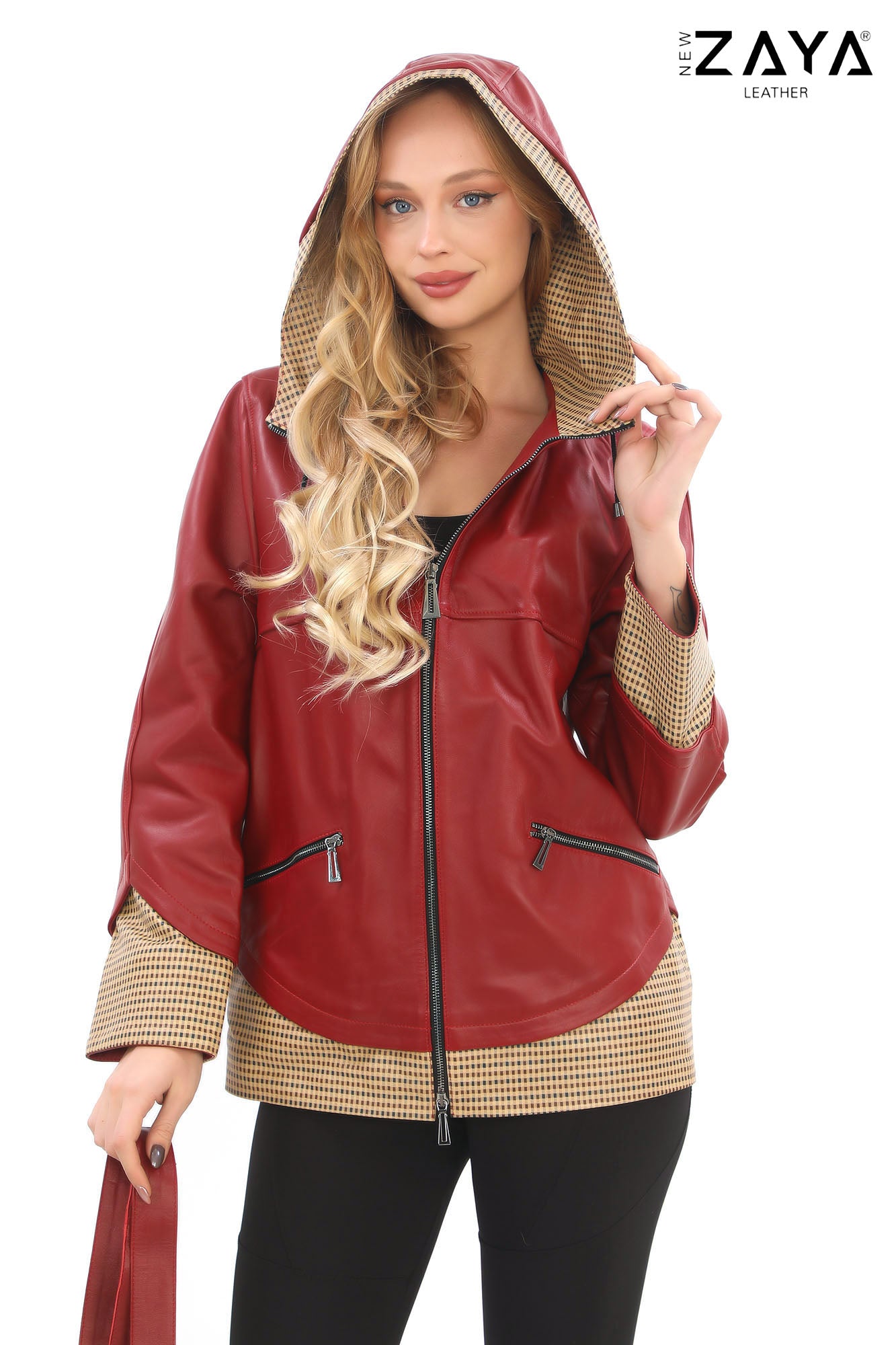 LYRA BLUE GENUINE LEATHER HOUNDSTOOTH COMBINED HOODED JACKET Red