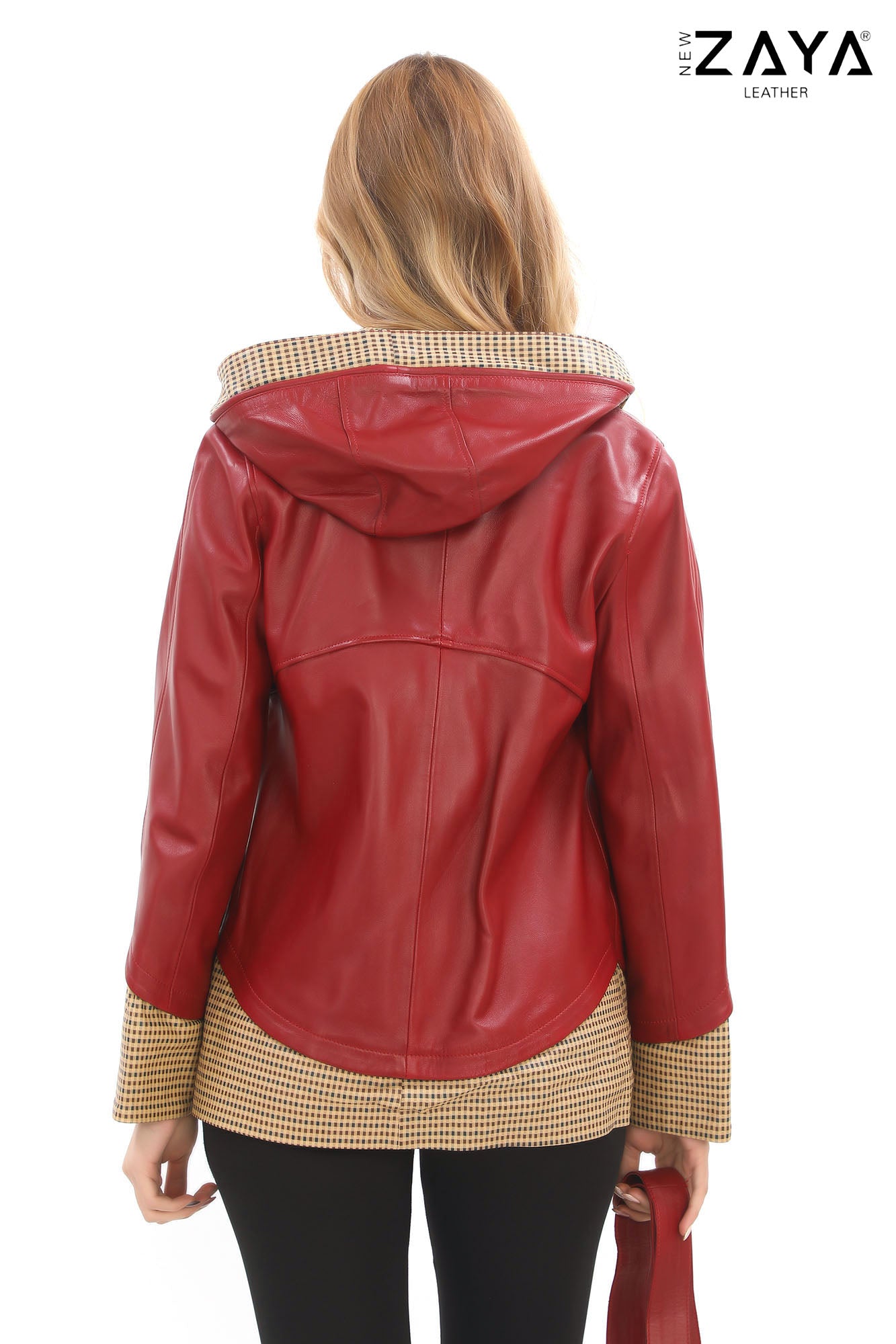 LYRA BLUE GENUINE LEATHER HOUNDSTOOTH COMBINED HOODED JACKET Red