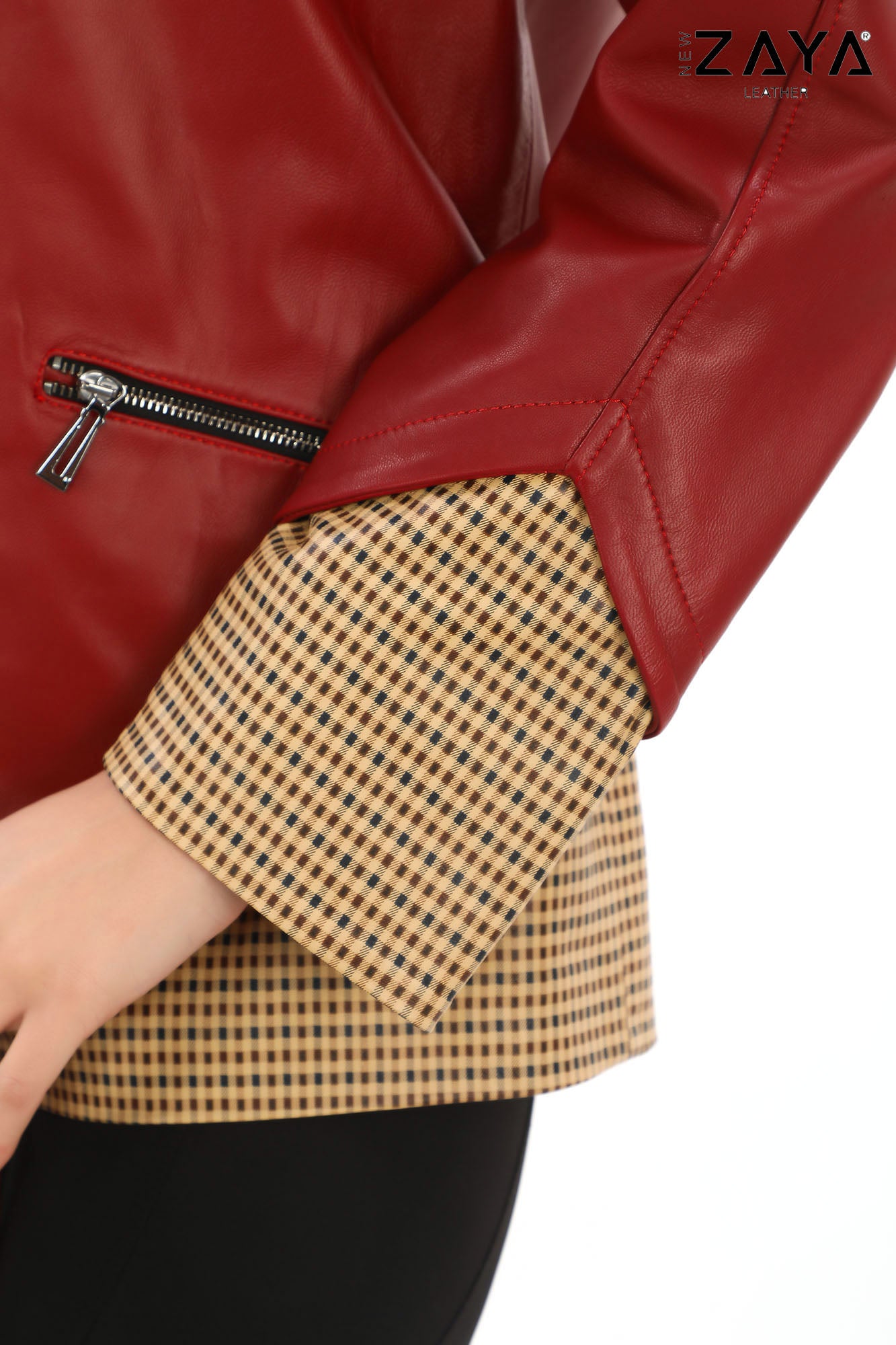 LYRA BLUE GENUINE LEATHER HOUNDSTOOTH COMBINED HOODED JACKET Red