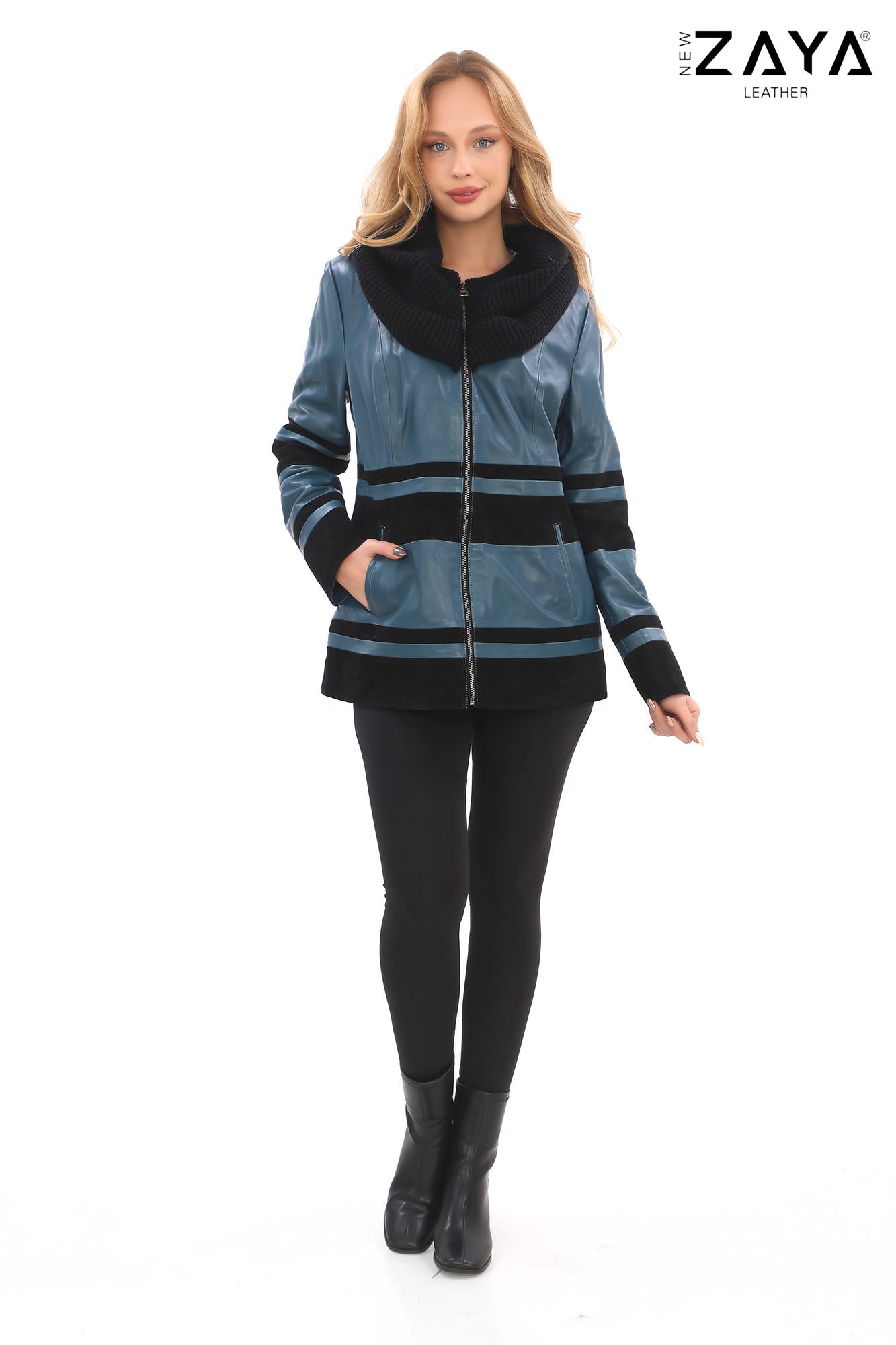 Aurevine Women’s Turquoise Genuine Leather Jacket with Knit Shawl Collar and Suede Contrast Panels