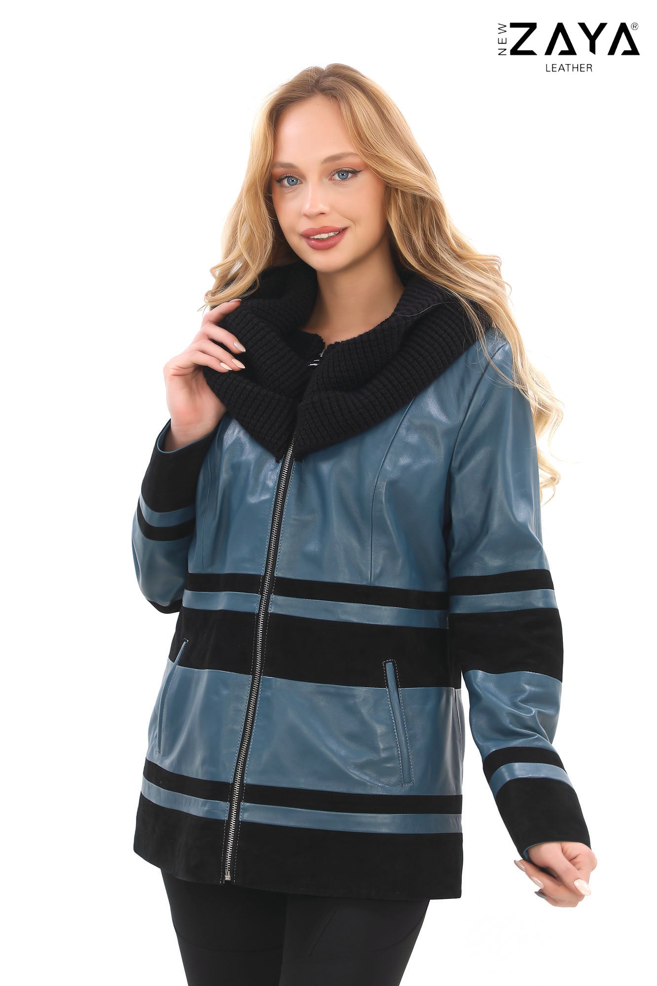 Aurevine Women’s Turquoise Genuine Leather Jacket with Knit Shawl Collar and Suede Contrast Panels