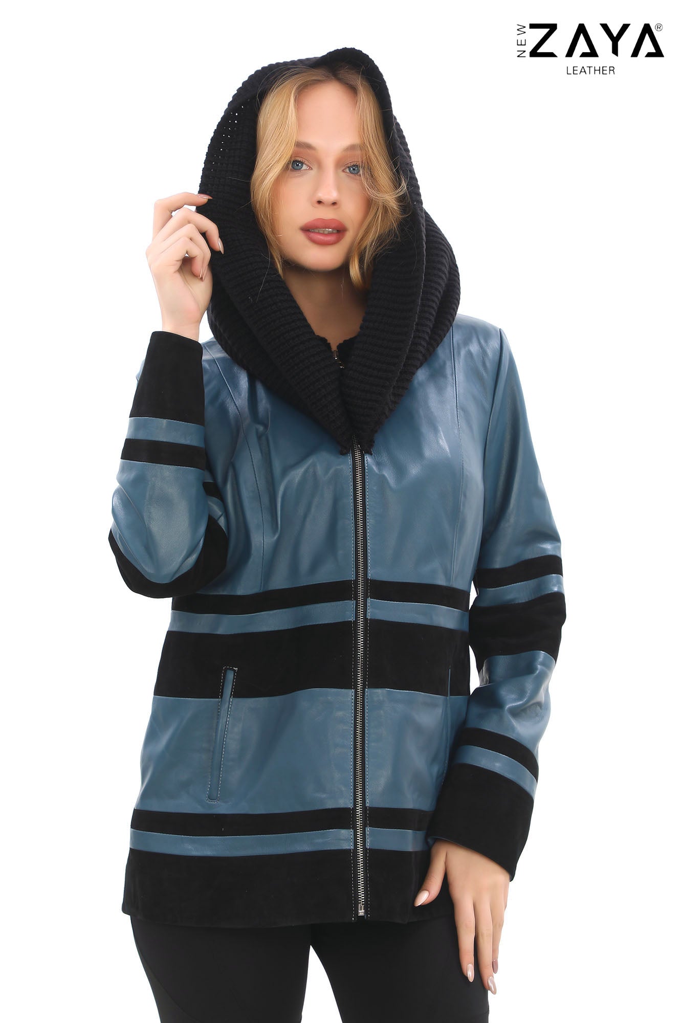 Aurevine Women’s Turquoise Genuine Leather Jacket with Knit Shawl Collar and Suede Contrast Panels