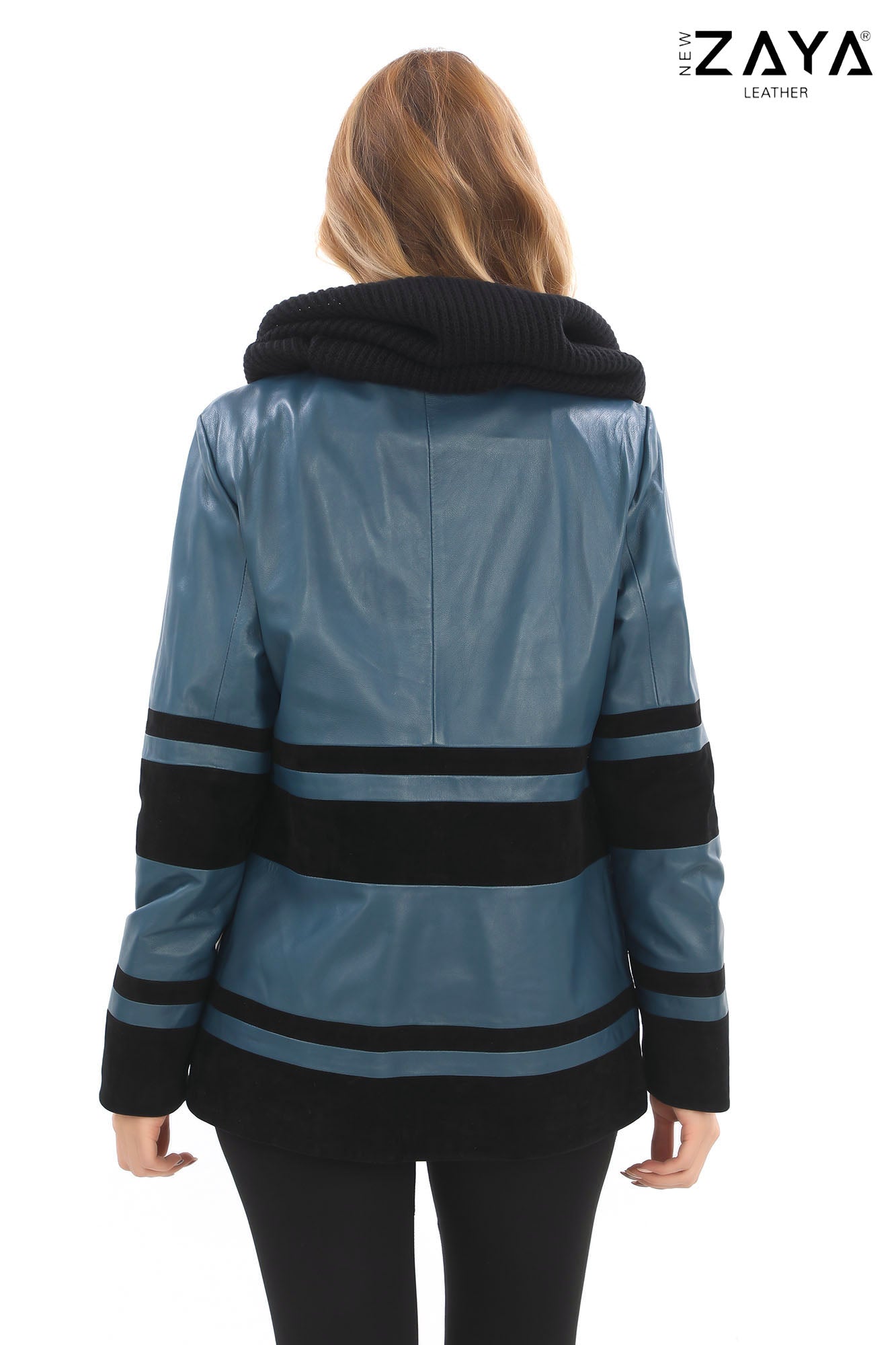 Aurevine Women’s Turquoise Genuine Leather Jacket with Knit Shawl Collar and Suede Contrast Panels