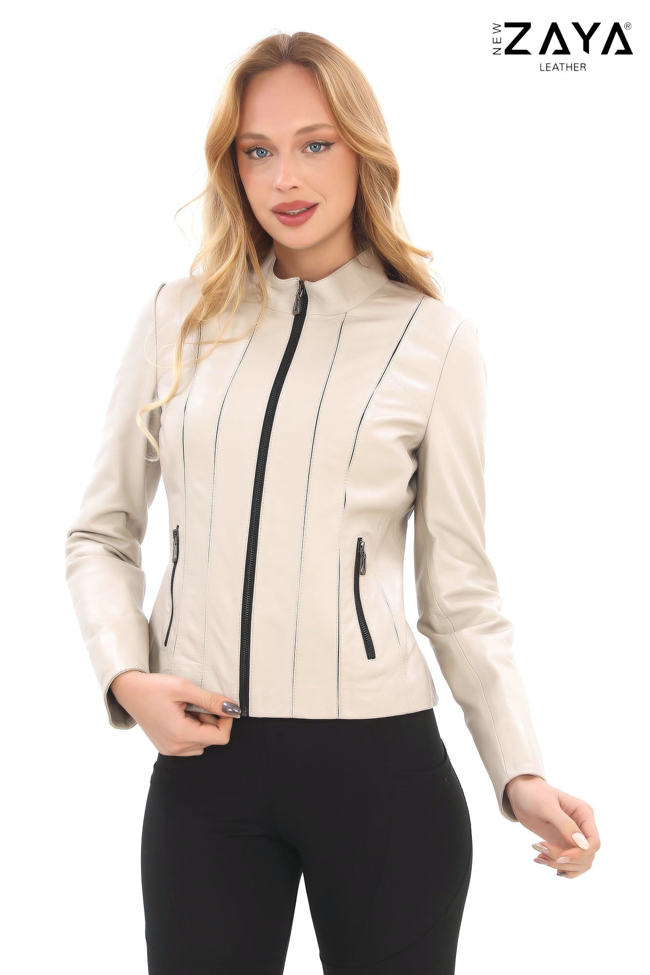 Norelle Genuine Lambskin Black Leather Jacket with Stand Collar and Tailored Fit Beige