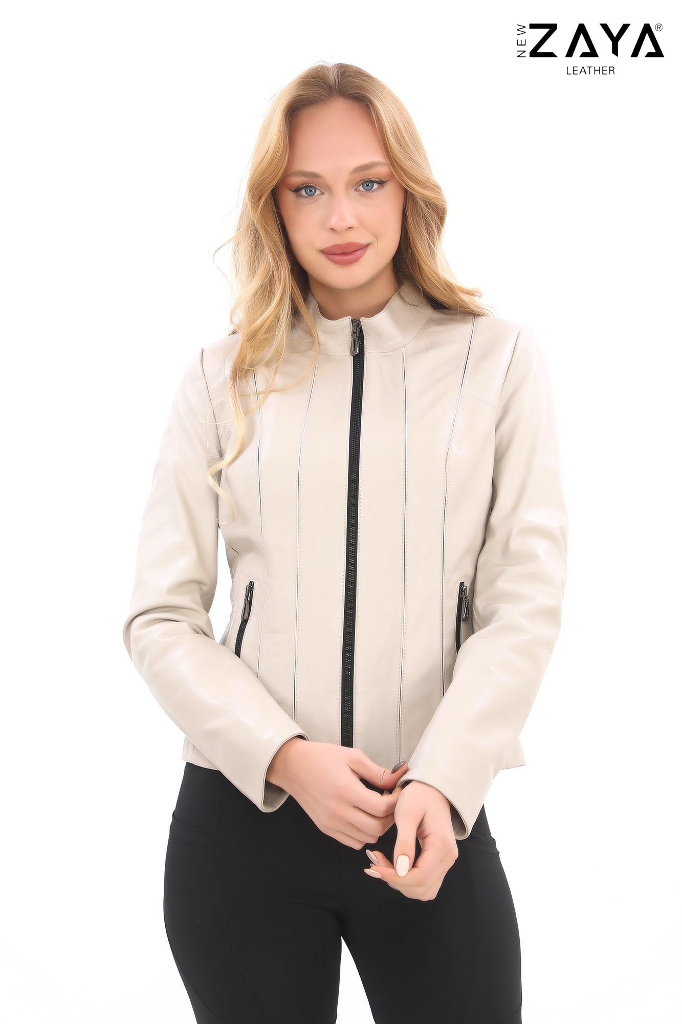 Norelle Genuine Lambskin Black Leather Jacket with Stand Collar and Tailored Fit Beige