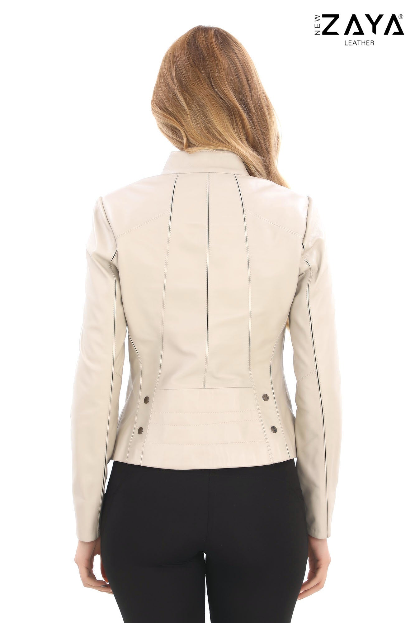 Norelle Genuine Lambskin Black Leather Jacket with Stand Collar and Tailored Fit Beige
