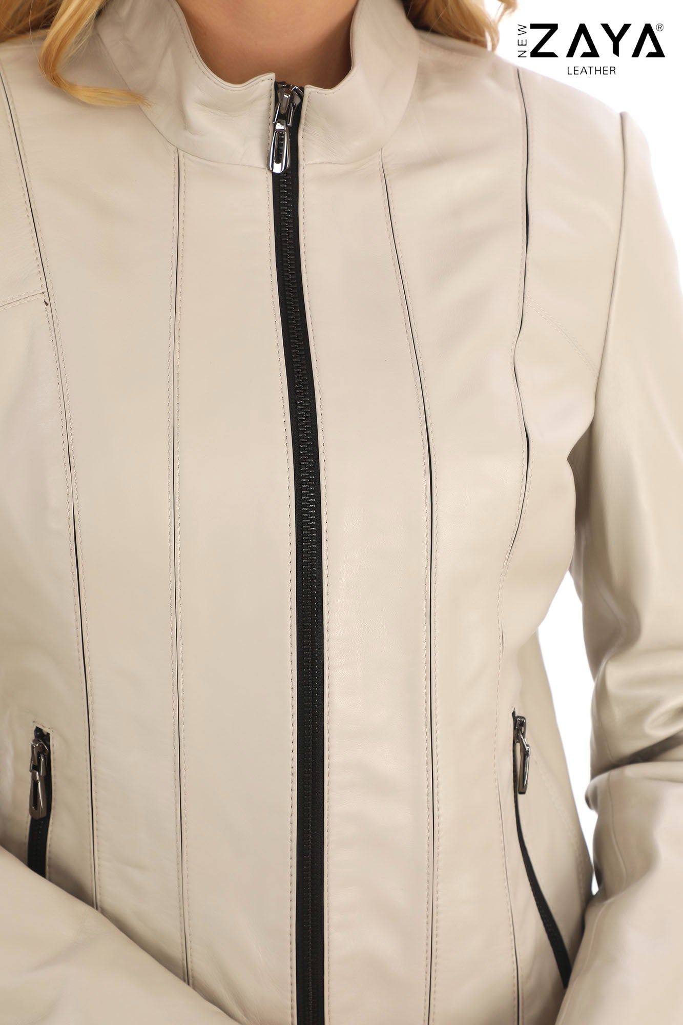 Norelle Genuine Lambskin Black Leather Jacket with Stand Collar and Tailored Fit Beige