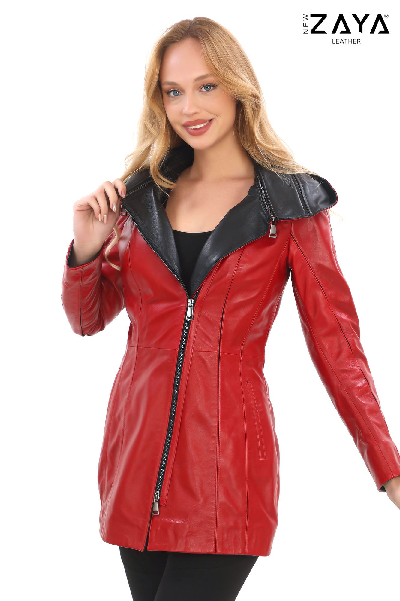 ALVEA RED Detachable Hood Genuine Lambskin Leather Coat with Double-Zip Closure