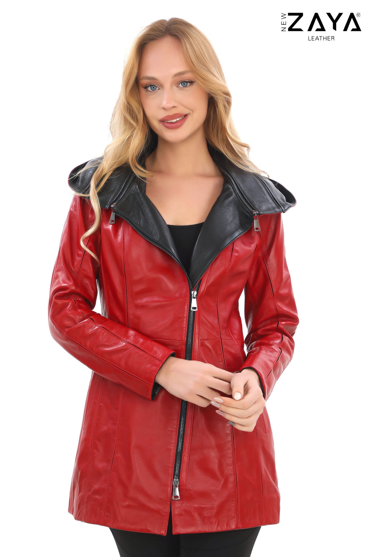 ALVEA RED Detachable Hood Genuine Lambskin Leather Coat with Double-Zip Closure