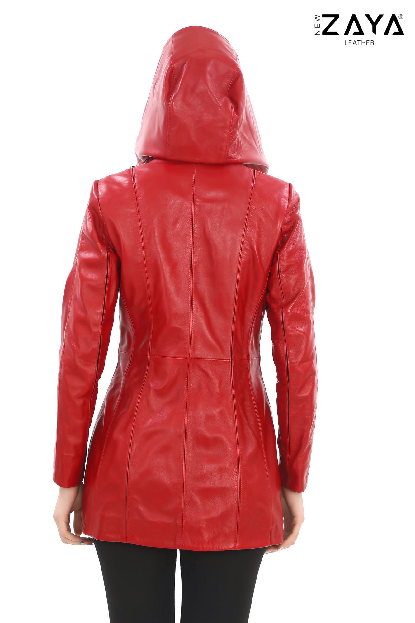 ALVEA RED Detachable Hood Genuine Lambskin Leather Coat with Double-Zip Closure