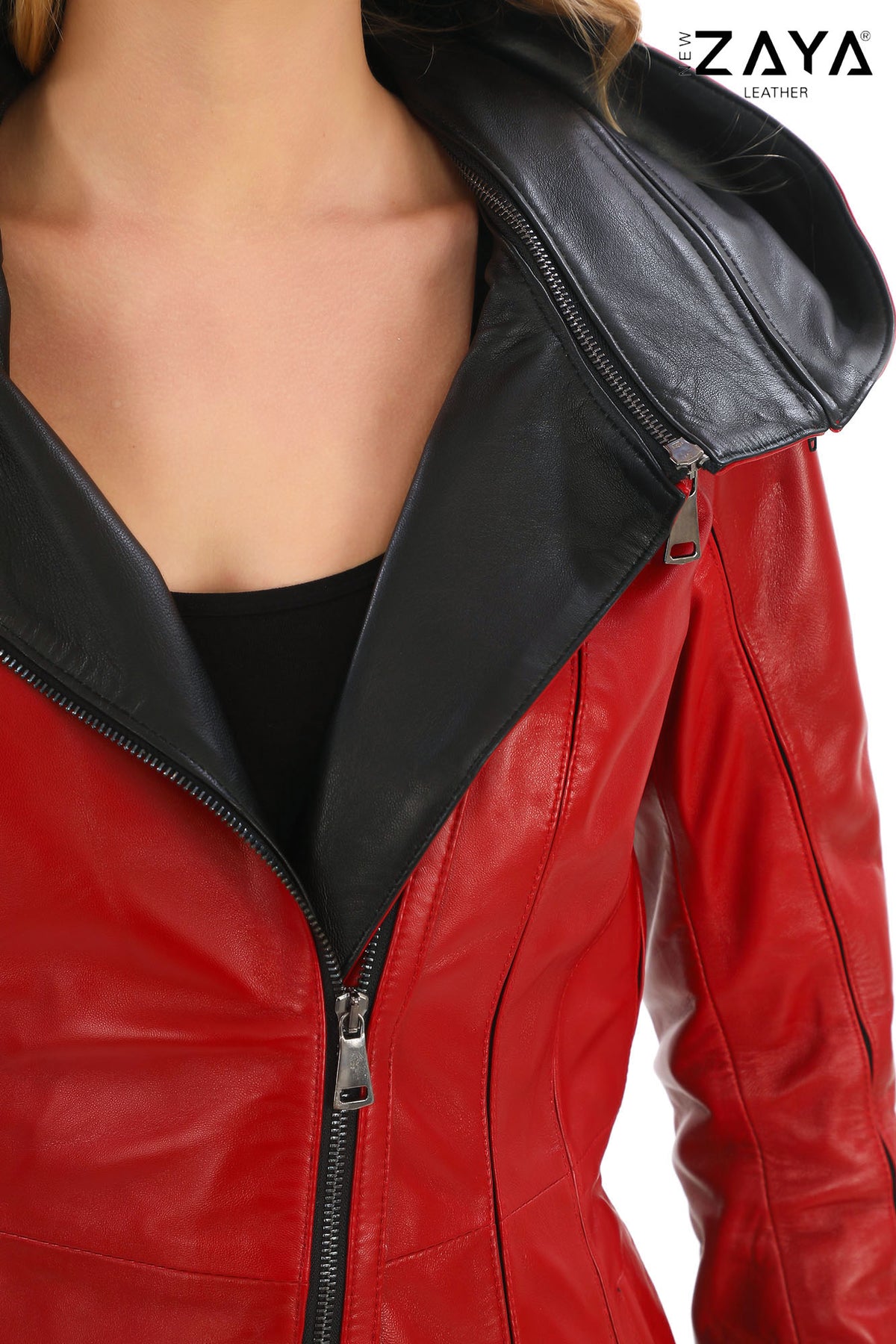 ALVEA RED Detachable Hood Genuine Lambskin Leather Coat with Double-Zip Closure