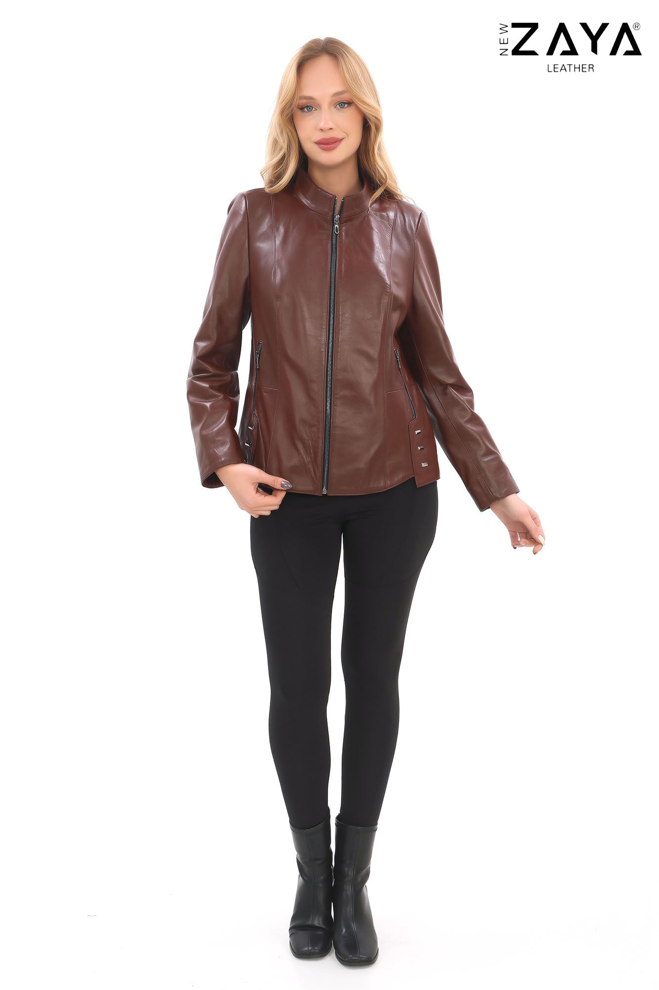 Hazel-Brown Stand Collar Genuine Leather Jacket