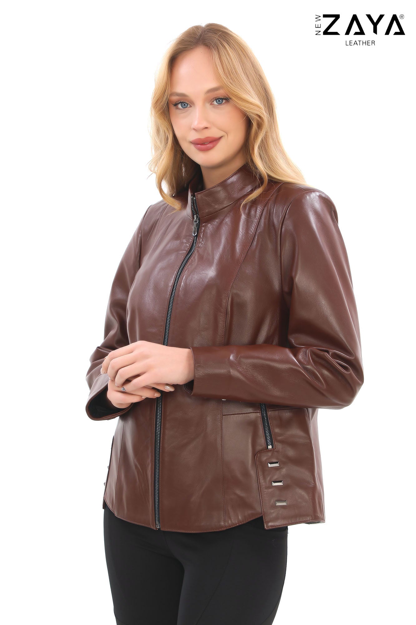 Hazel-Brown Stand Collar Genuine Leather Jacket