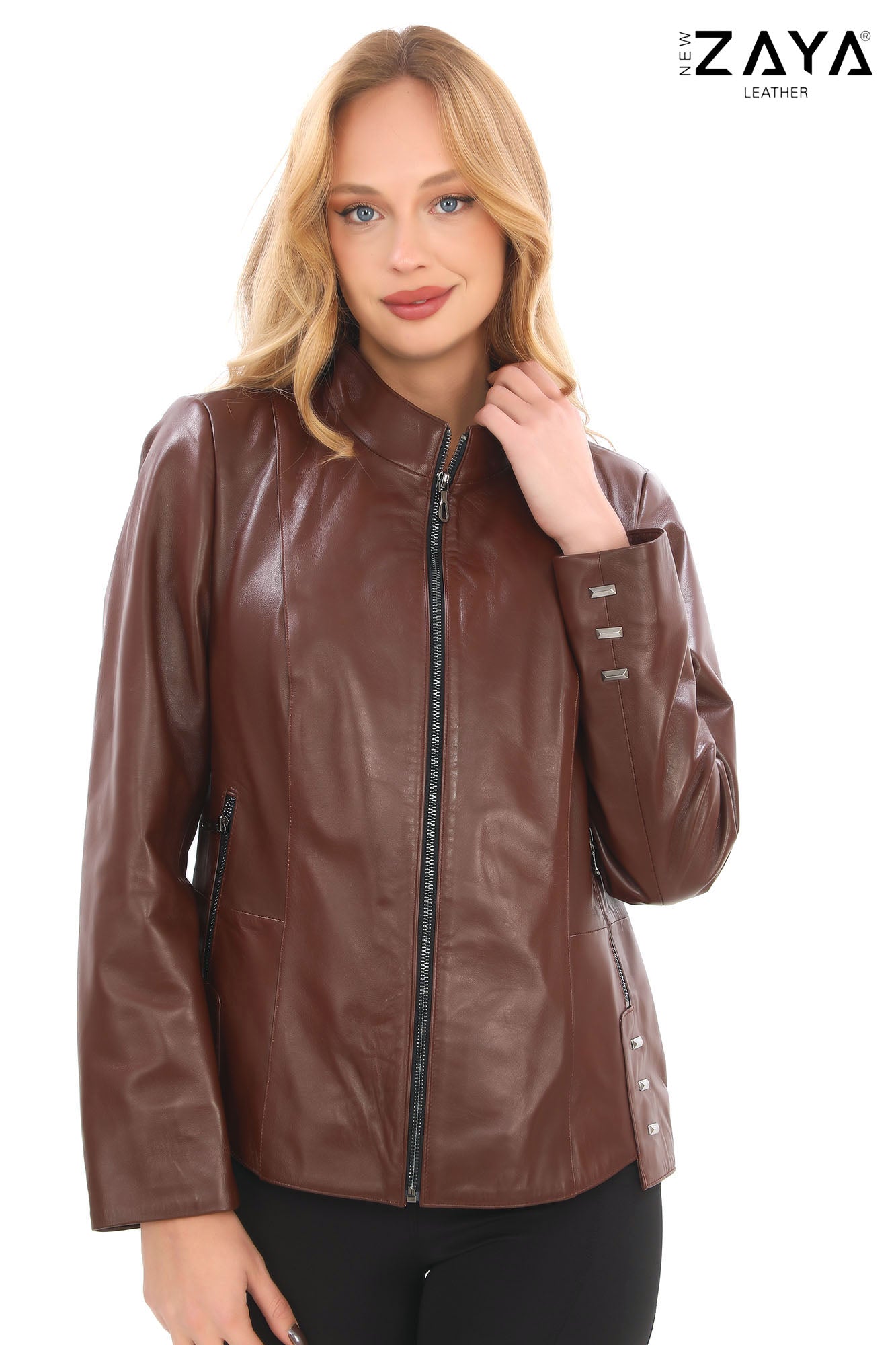 Hazel-Brown Stand Collar Genuine Leather Jacket