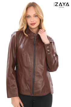 Hazel-Brown Stand Collar Genuine Leather Jacket