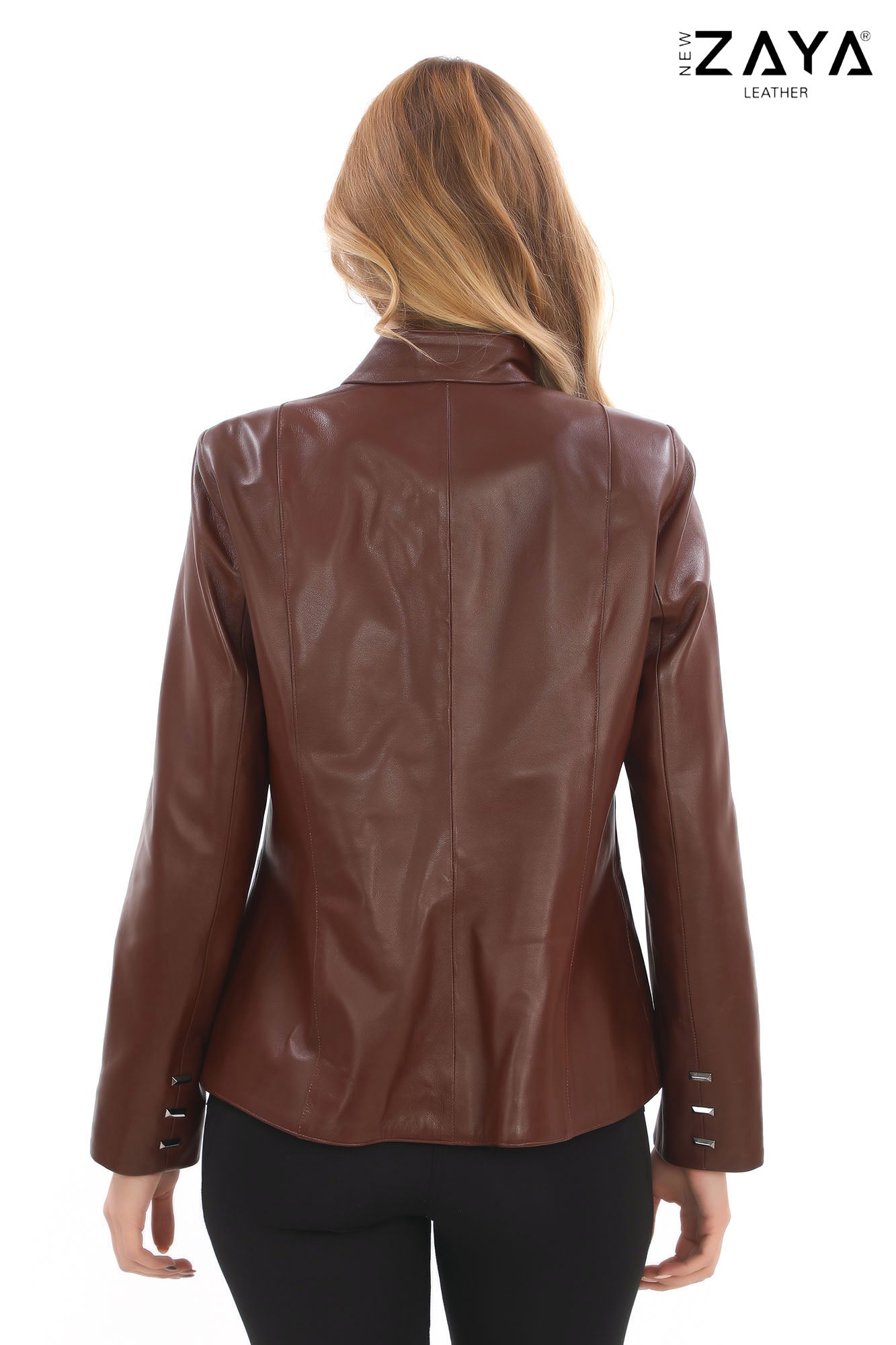 Hazel-Brown Stand Collar Genuine Leather Jacket
